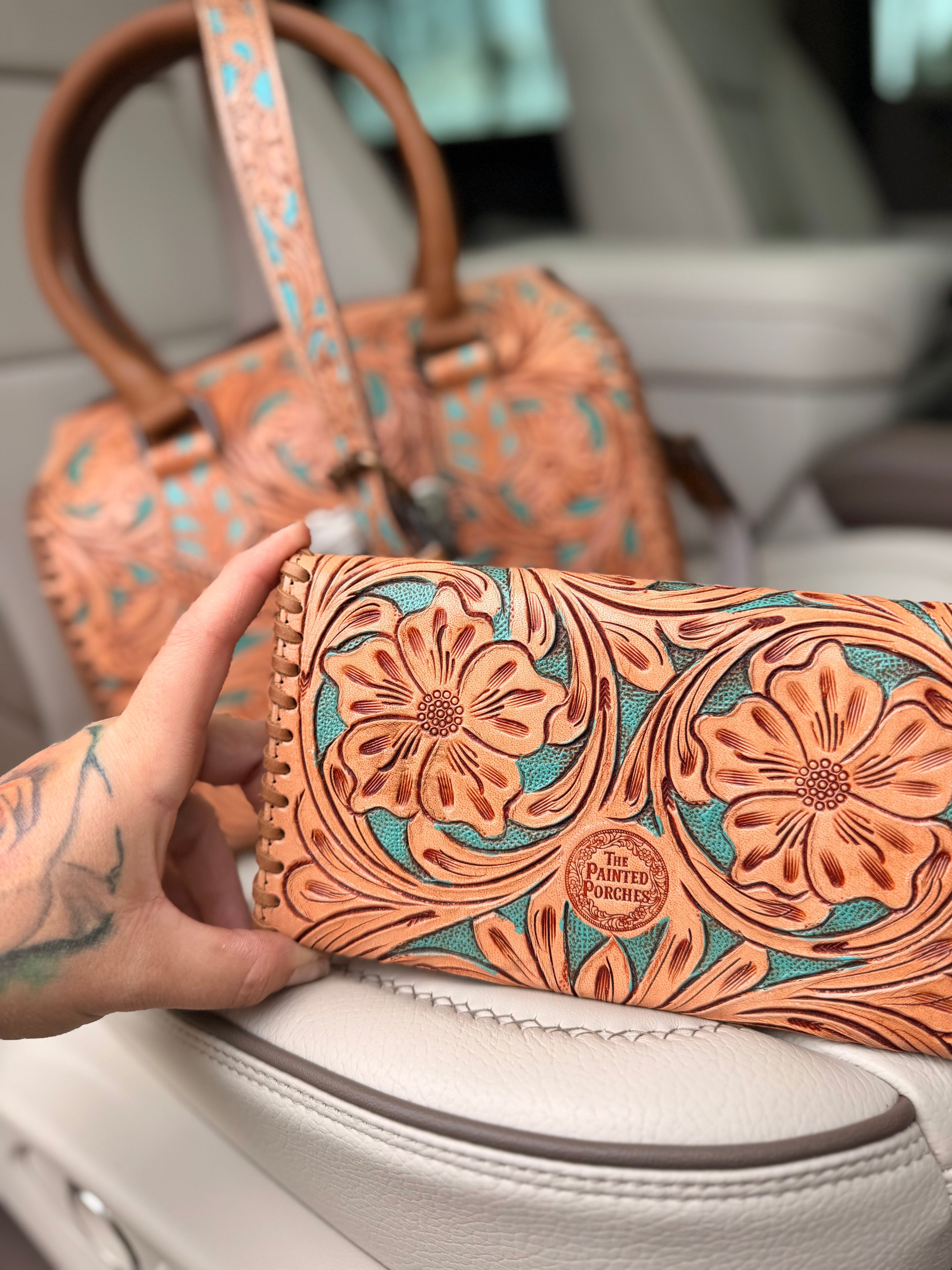 “Paradise Cowgirl set”- teal and tan  tooled leather speedy (M) and wallet