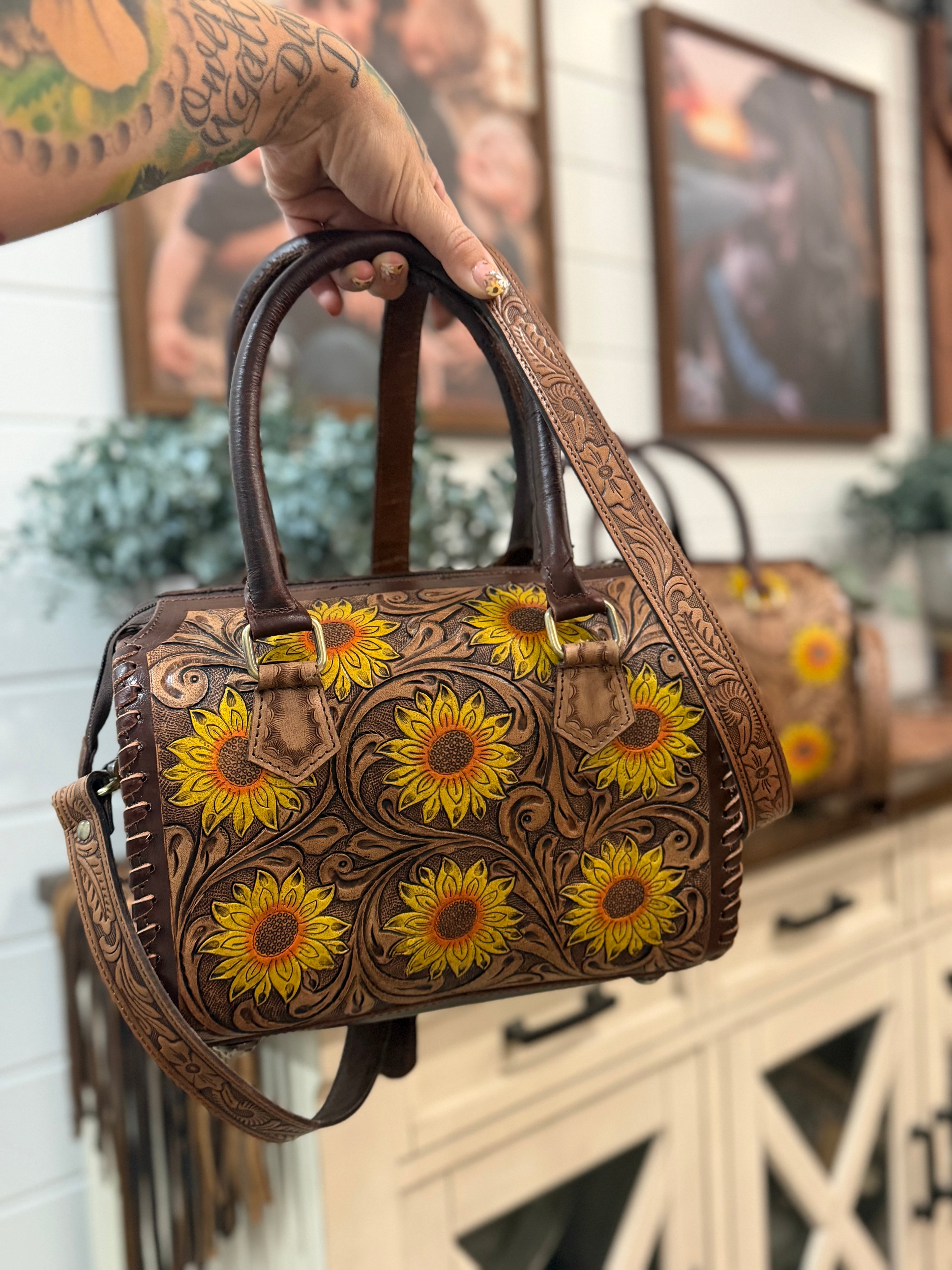 “The Sadie” sunflower tooled leather speedy (M)