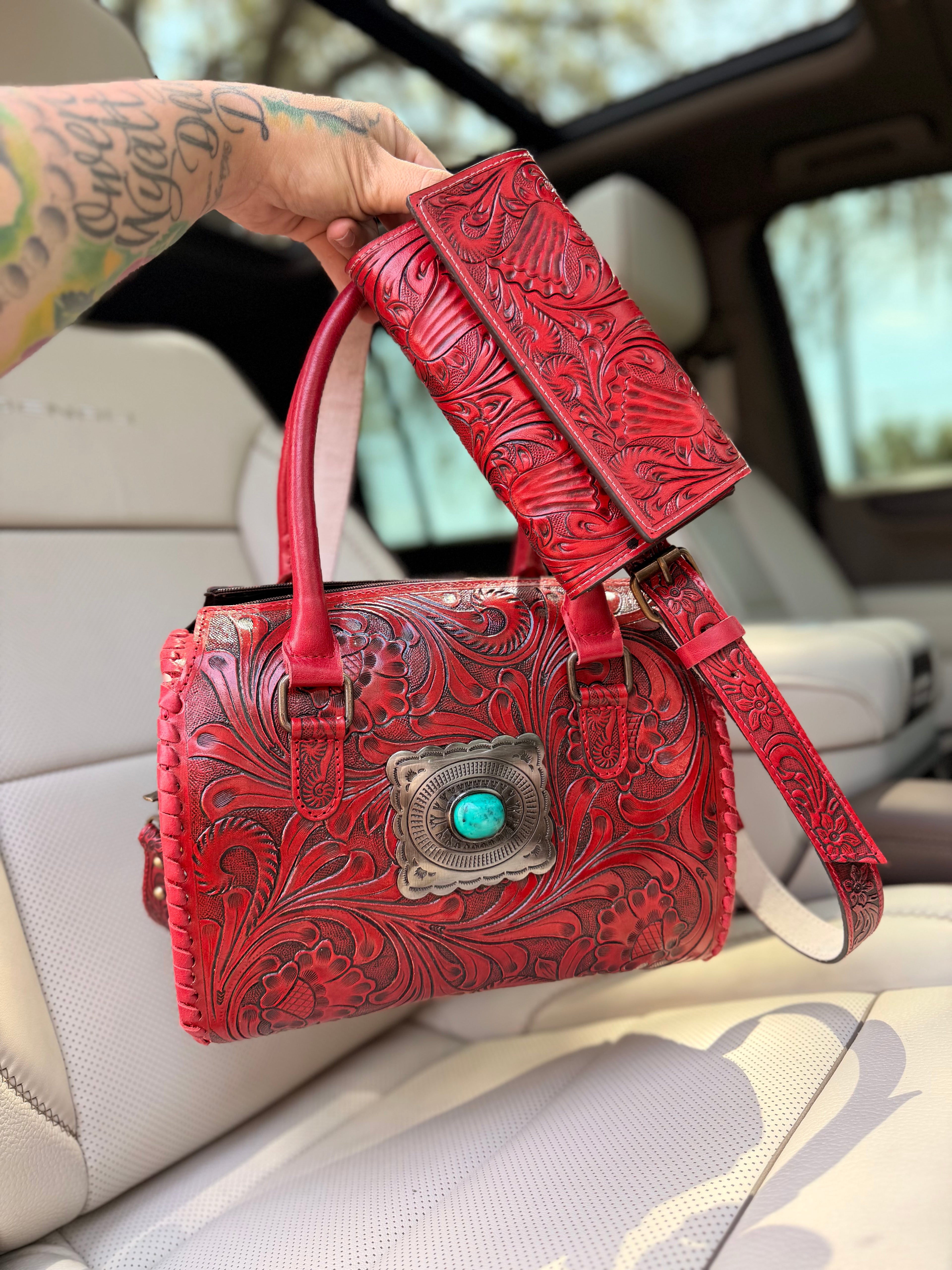 “Red Royalty set”-red tooled leather speedy (M) and wallet