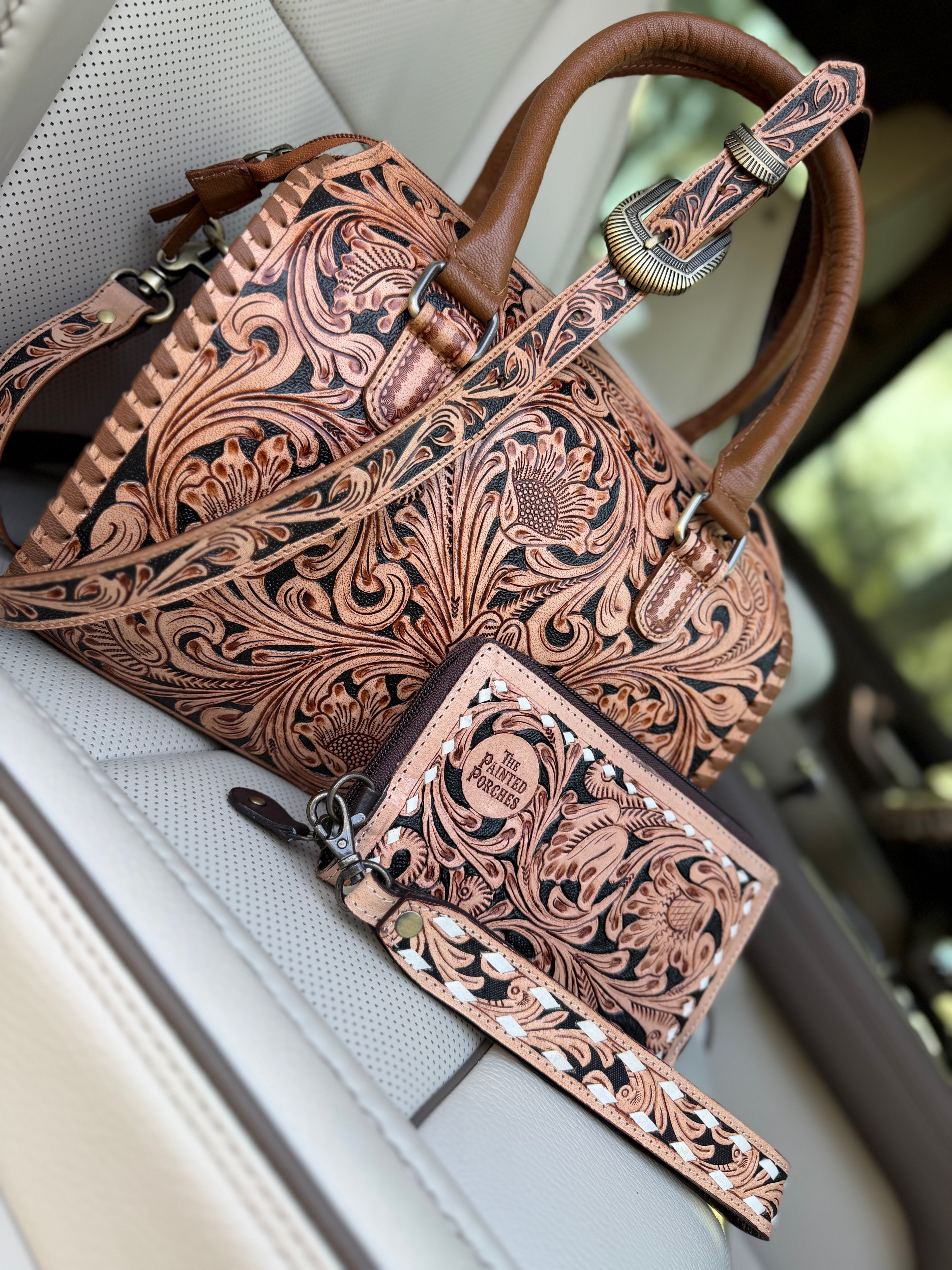 Tooled leather speedy and "Josie" clutch set (M)