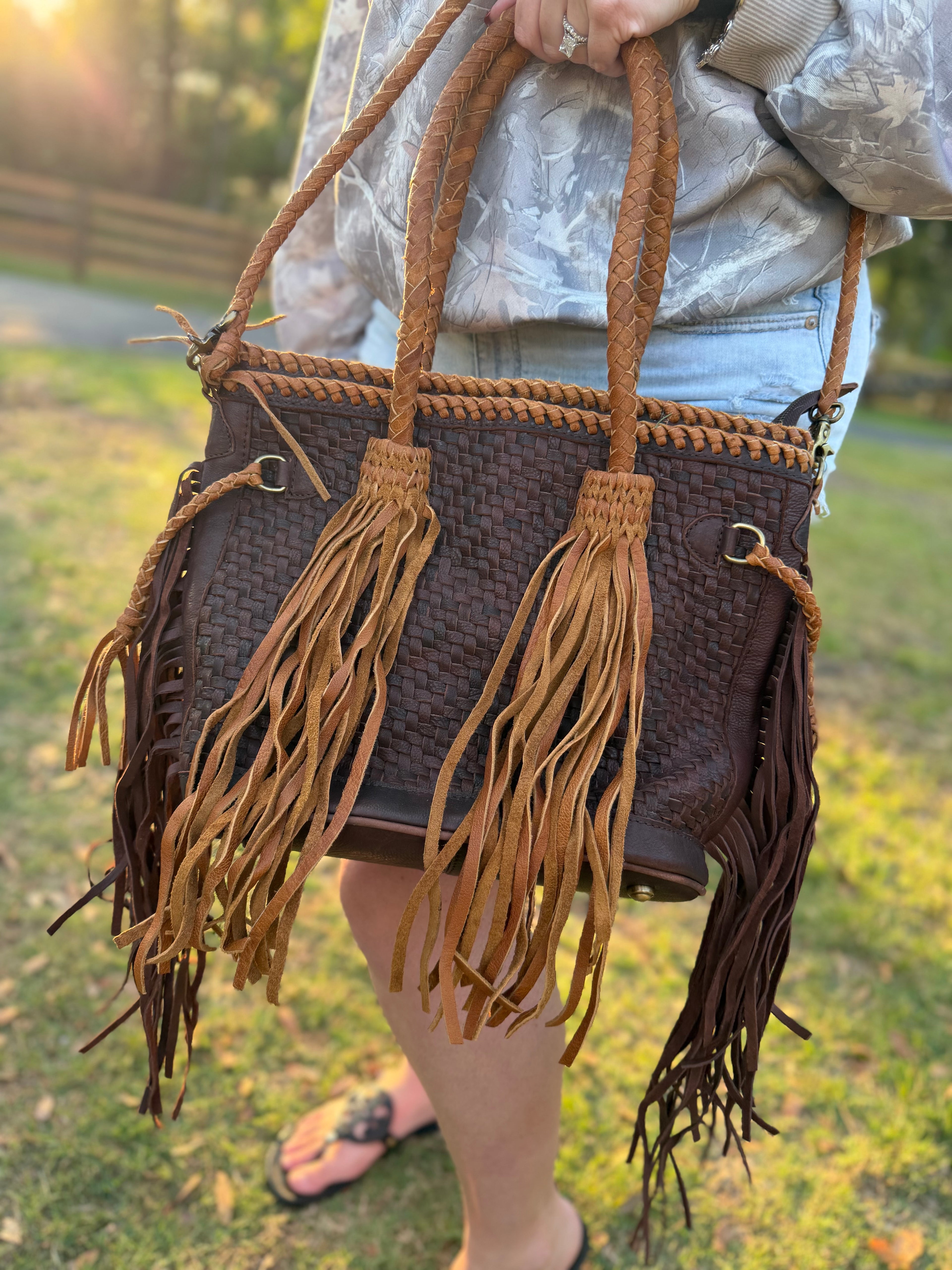 Dark brown Leather purse with fringe