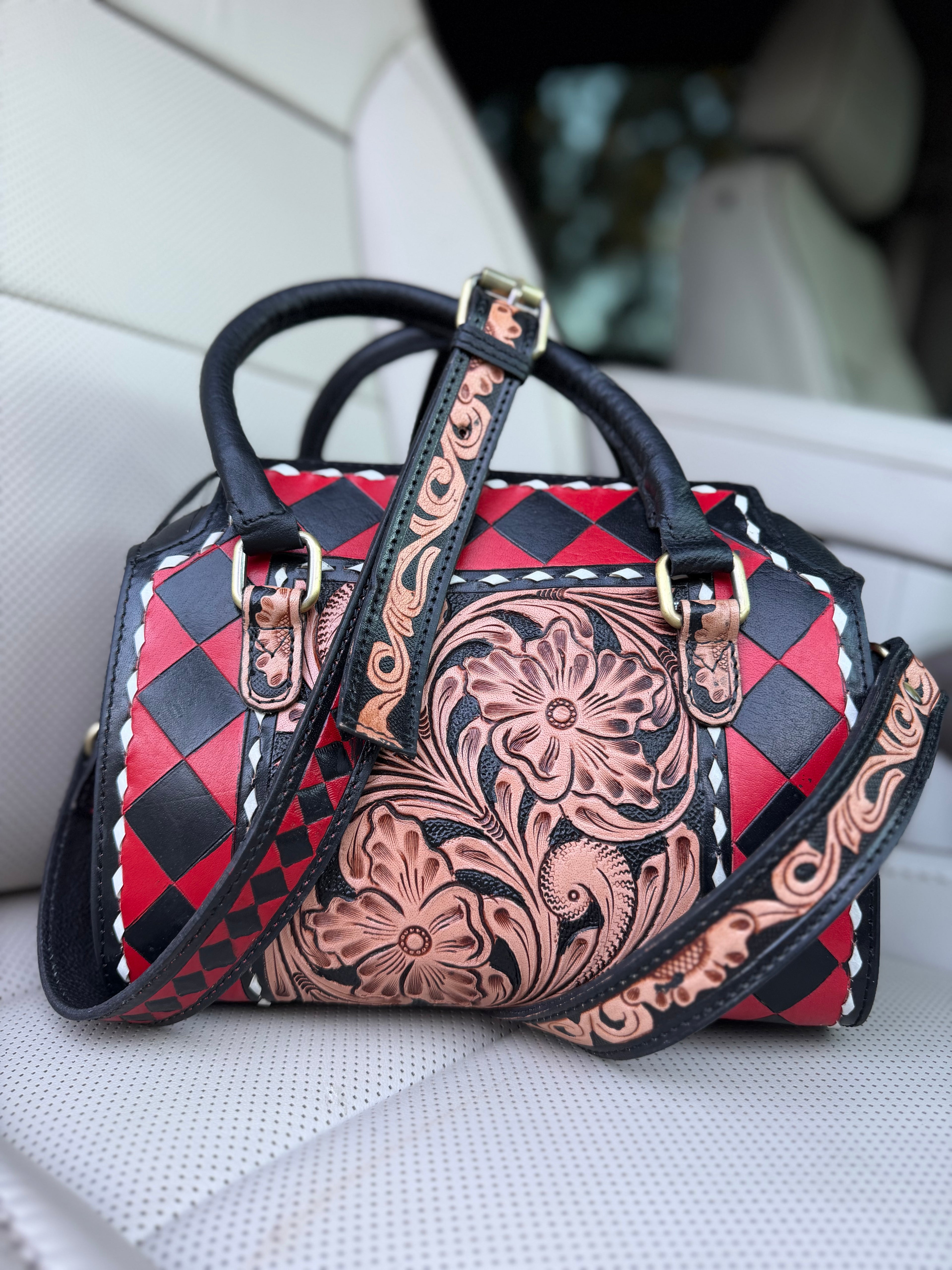 "Southern Glam" -  black/red checker and tooled leather speedy (M)