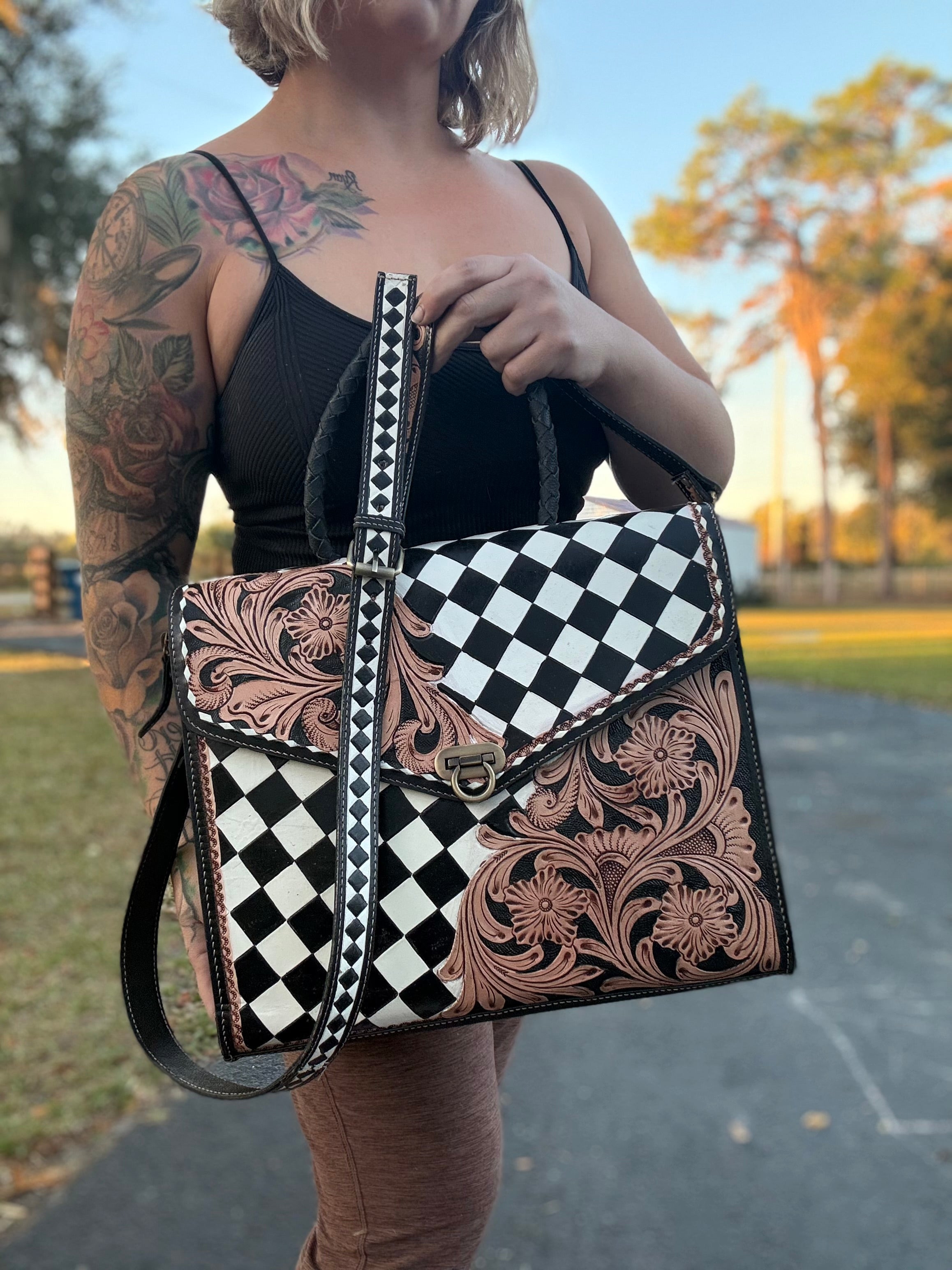 Checker print / tooled leather tote set