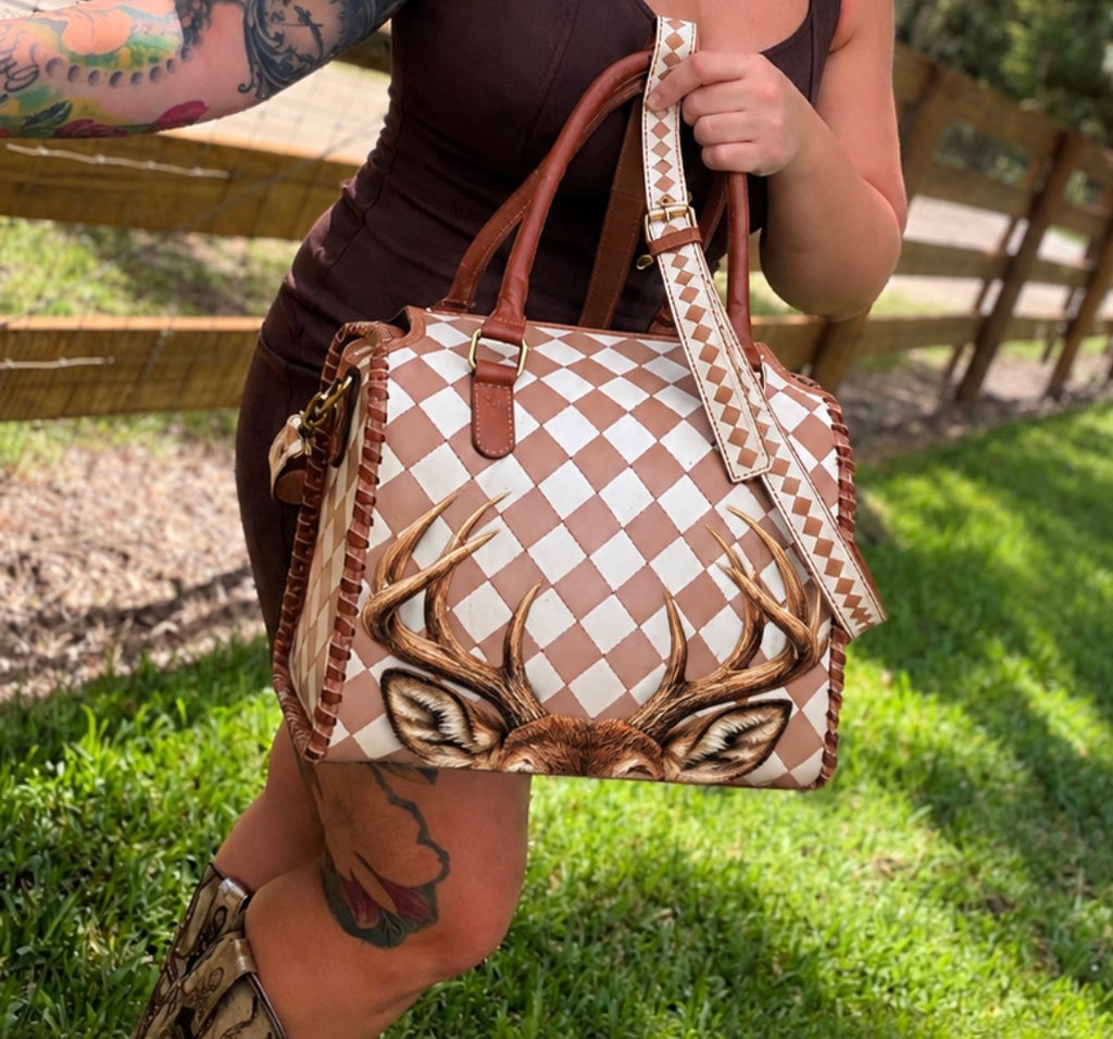 Deer antler Tan and cream  tooled leather speedy (M)