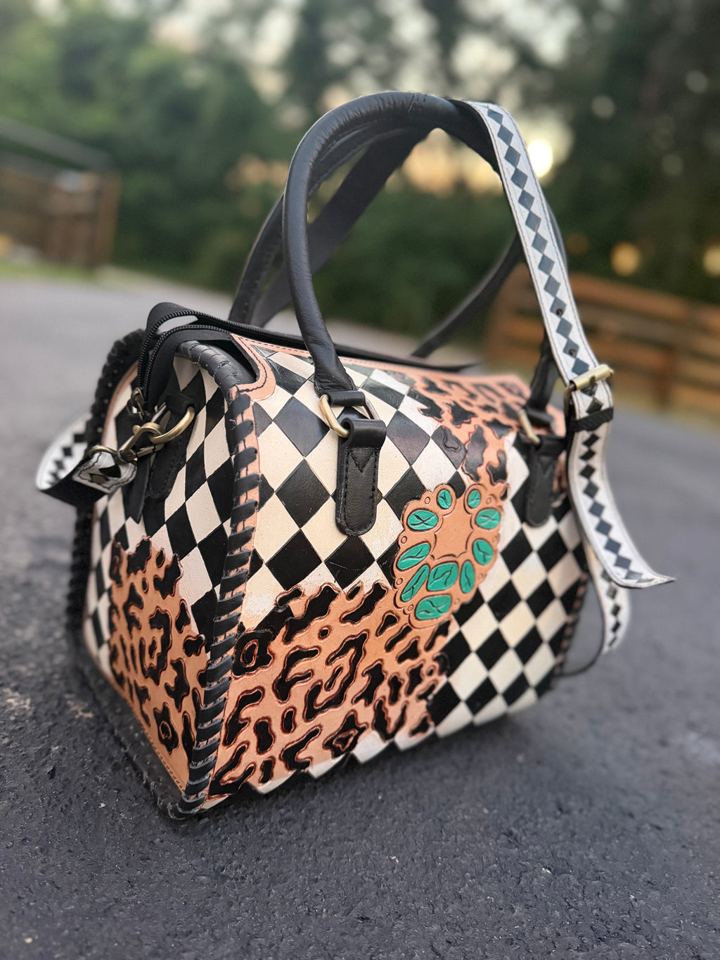 “Outlaw Belle” PLAIN black/white checker and cheetah tooled leather speedy (L) by the Painted Porches