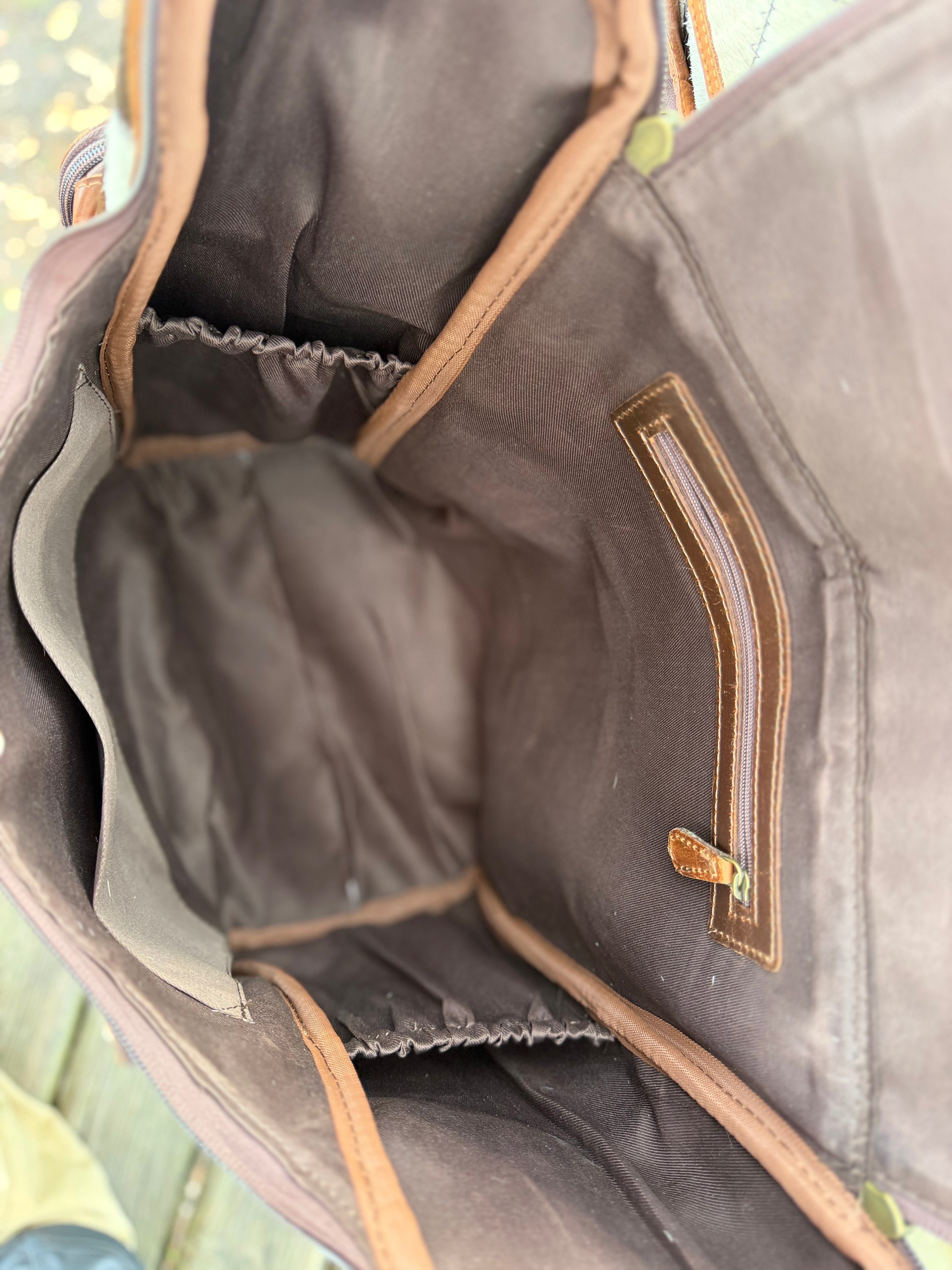 Patchwork cowhide bookbag