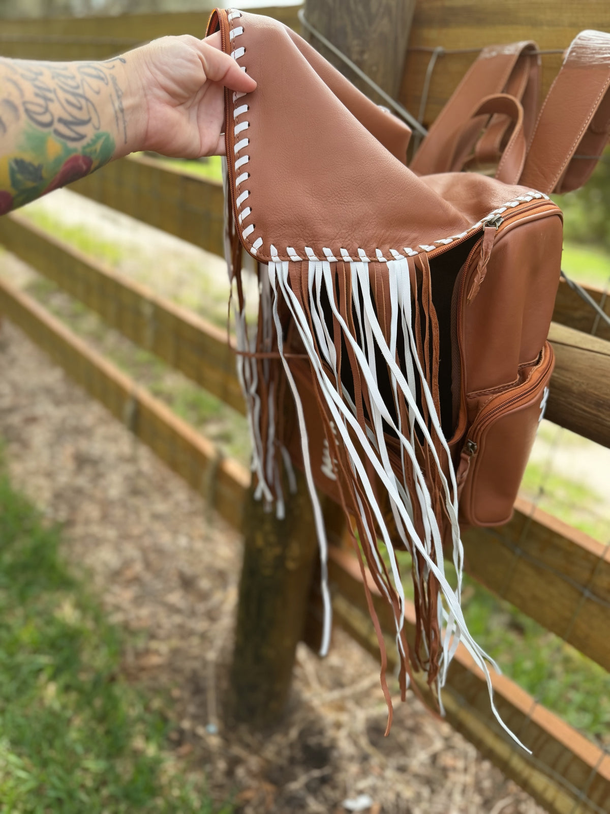 Football Leather fringe sports themed bookbag
