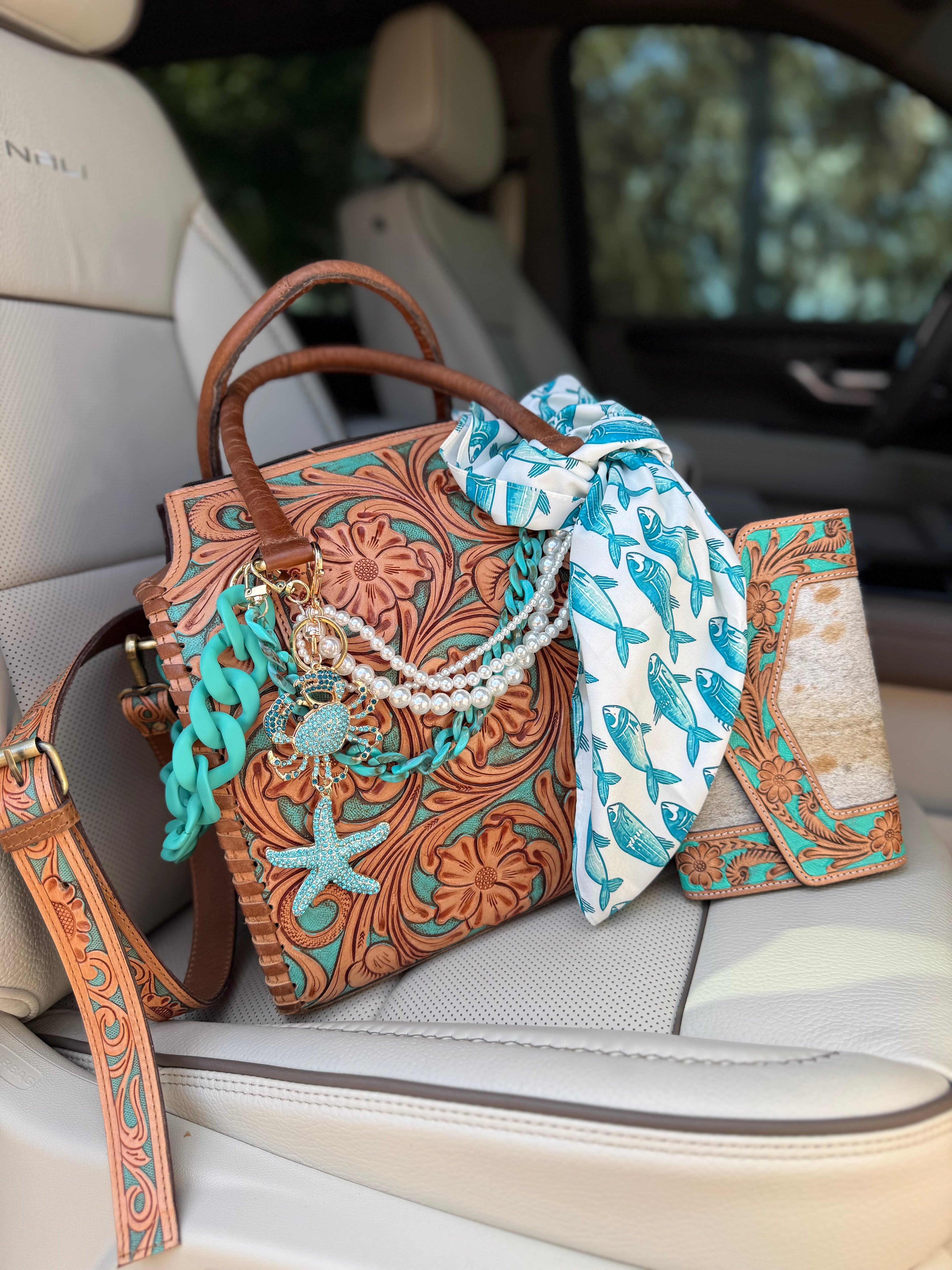 "The Blue Bayou" - Tan and teal  tooled leather speedy (L)
