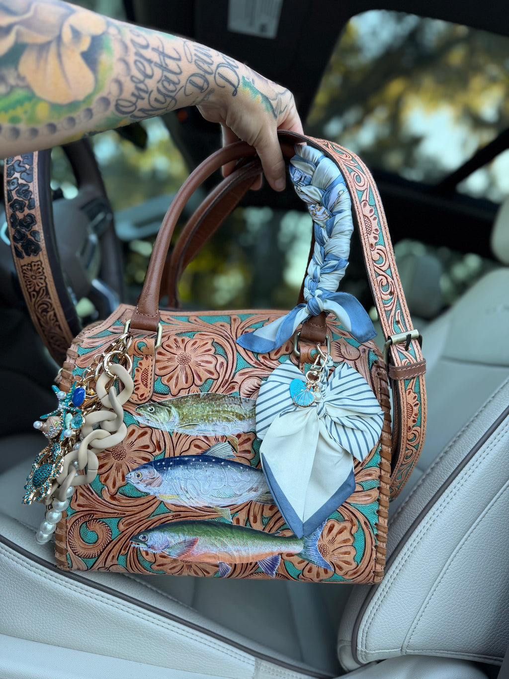 Turquoise Trout & Trouble -Brown/turquoise tooled leather speedy (L)
