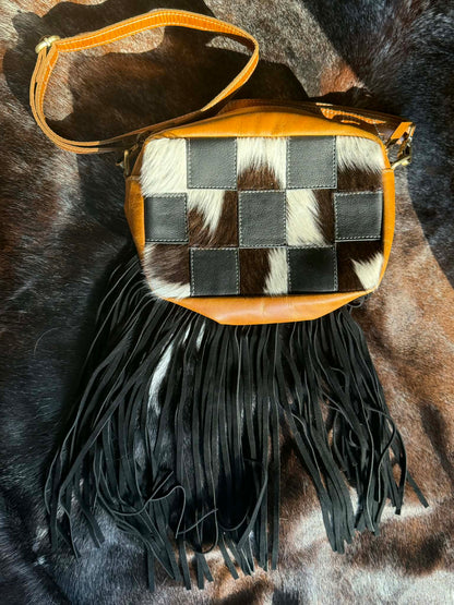 Leather cowhide checker cross body purse