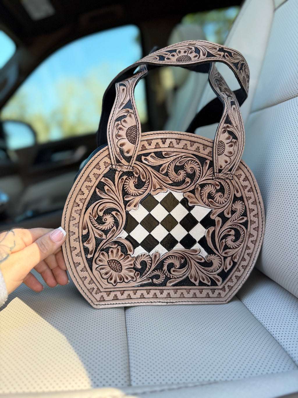Tooled leather checker purse