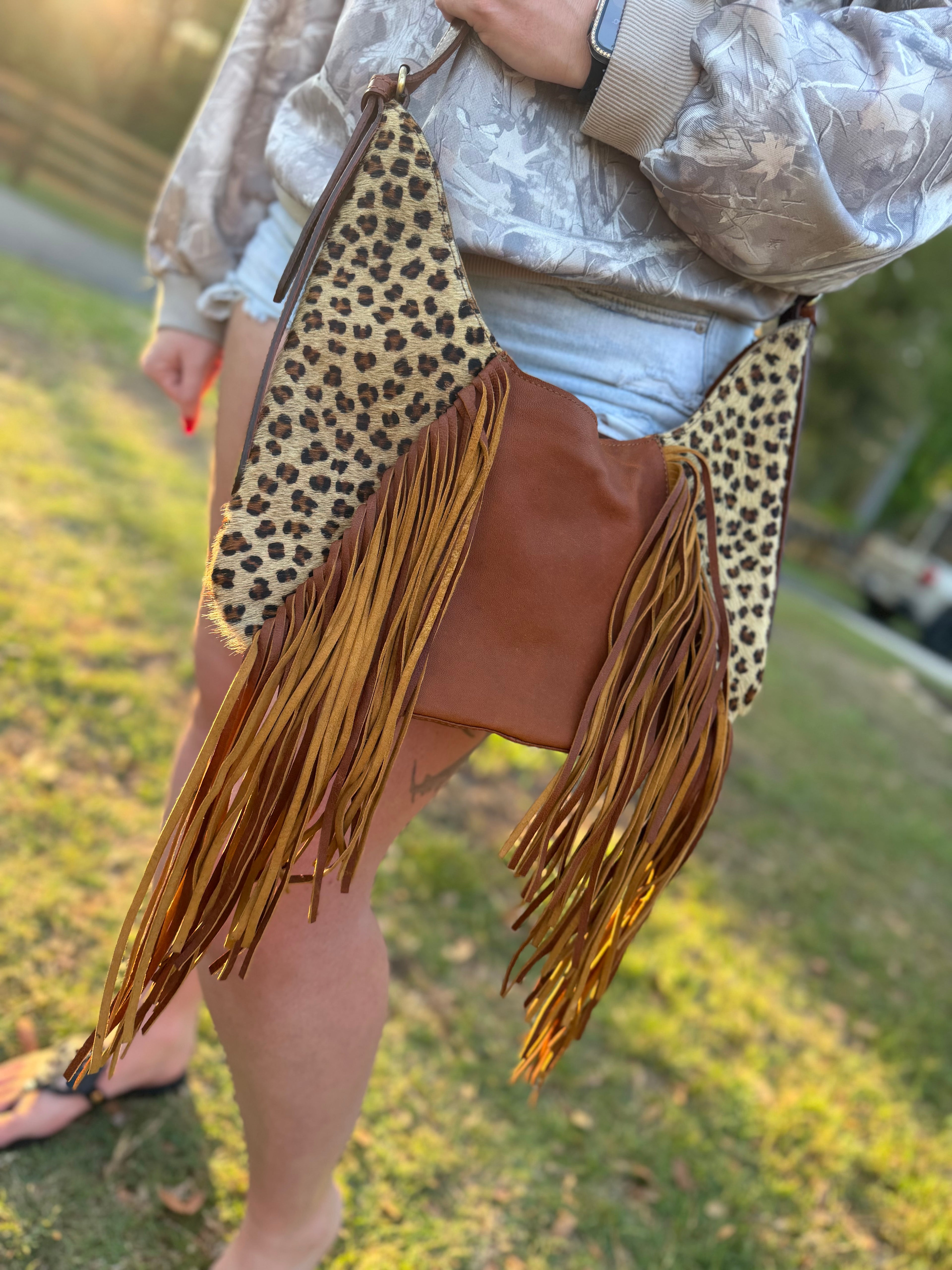 Cheetah hobo purse with fringe