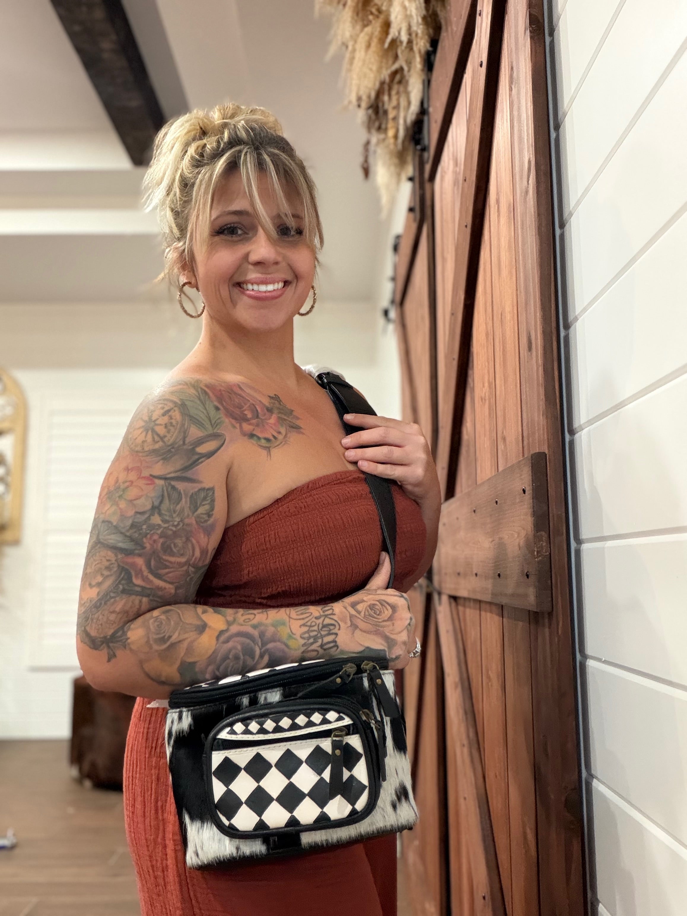 Hand painted checker tooled leather bum bag