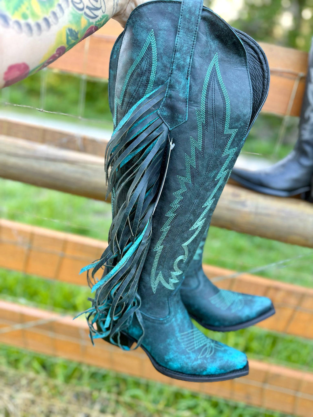 Teal Tall Fringe Wide Calf Friendly Snip Toe Cowgirl Boot - White