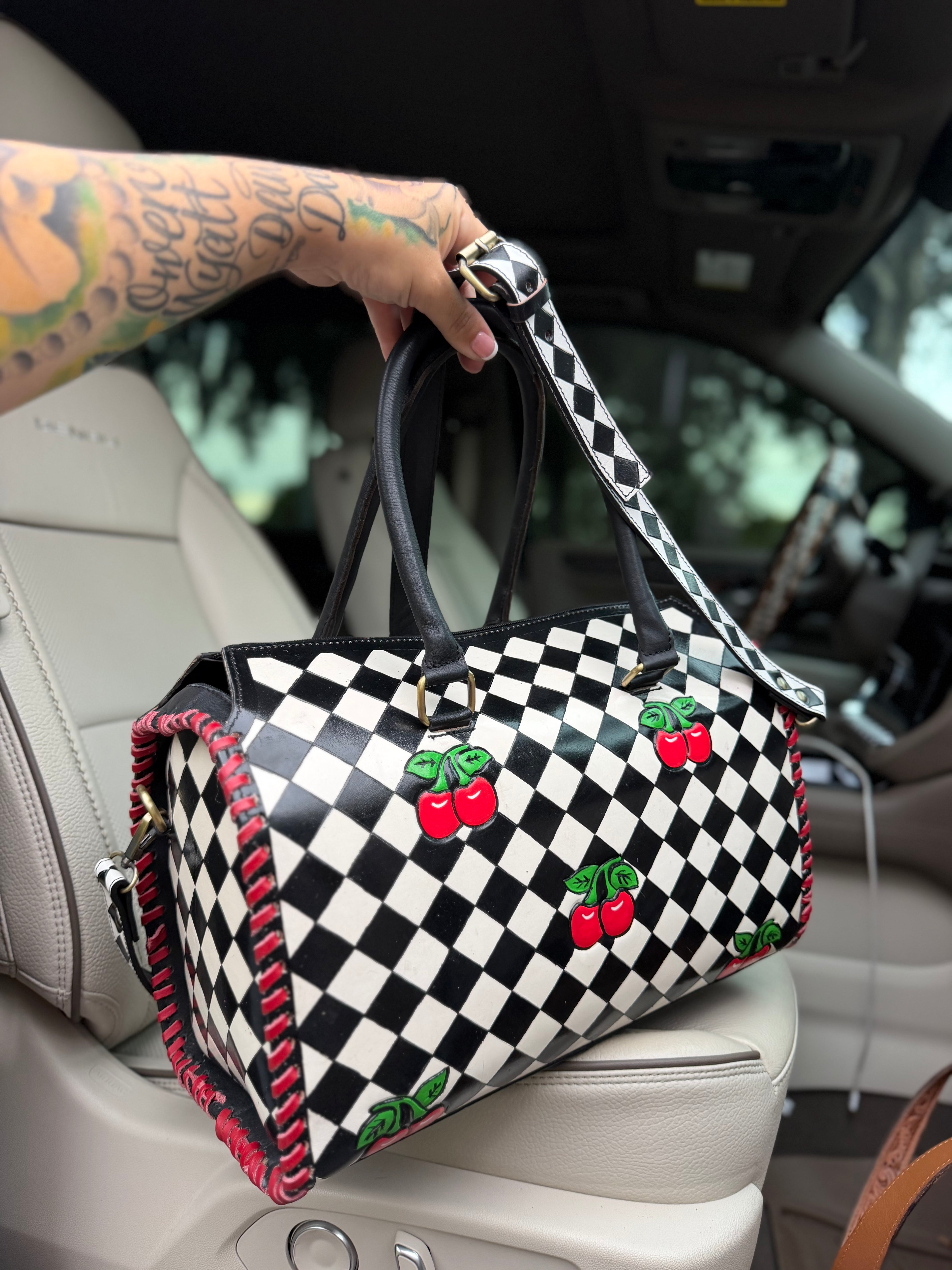 Black/white cherry checker tooled leather speedy duffle (L)