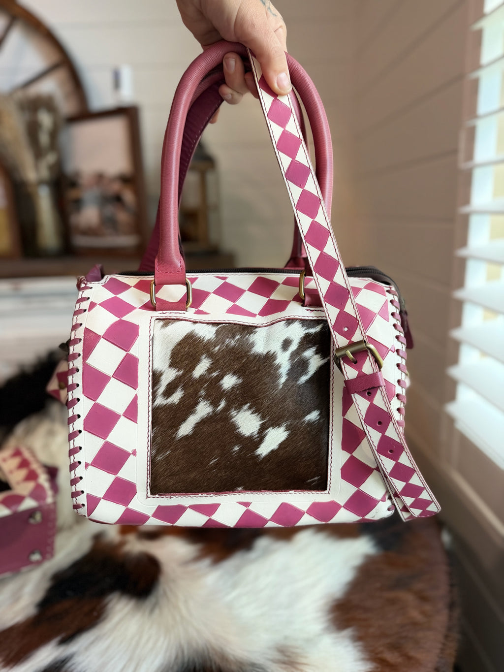 Dark pink/white checker tooled leather / Cowhide -  speedy ( 2 sizes avail )