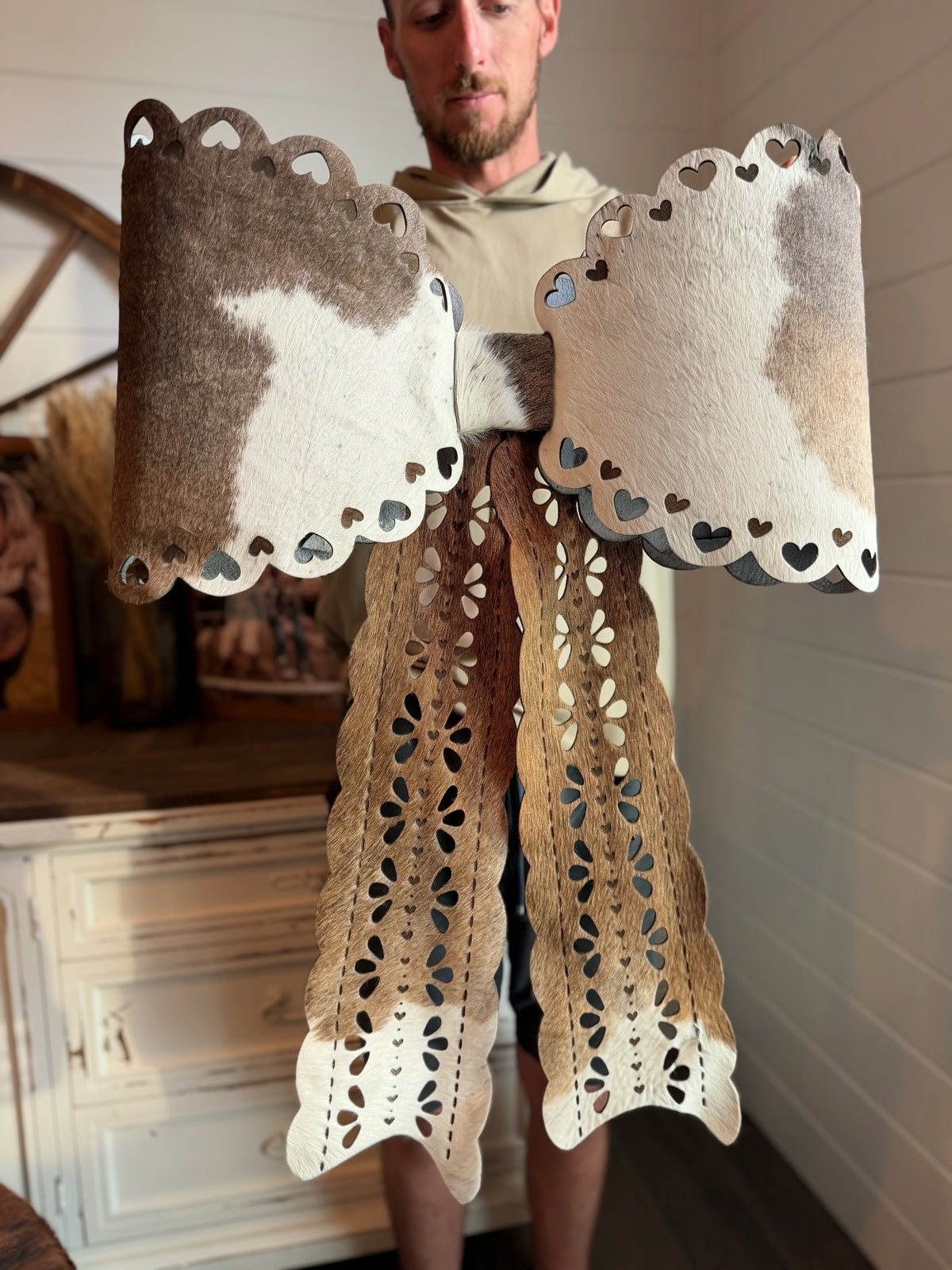 GIGANTIC 32" - HEART EDITION cowhide bow for tree - lace look (read description fully)