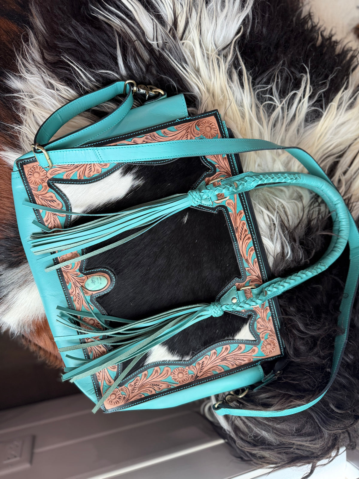 Cowhide Tooled leather tote bag with fringe