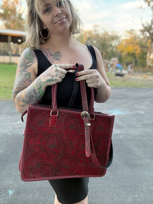 Red tooled leather tote bag