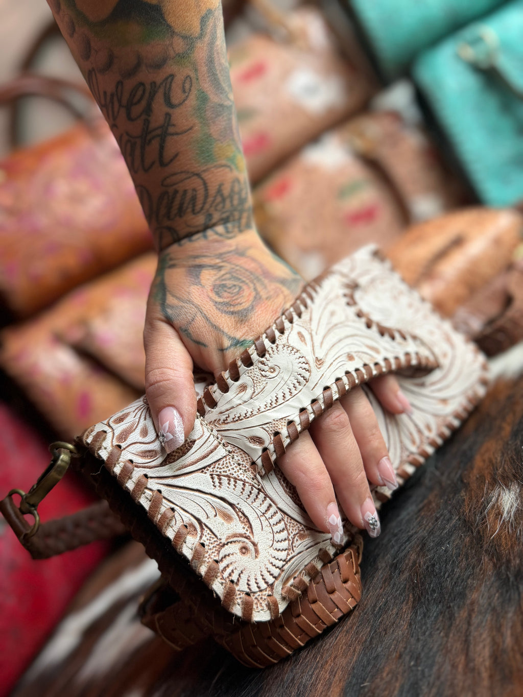 Double wallet Tooled leather clutch purse