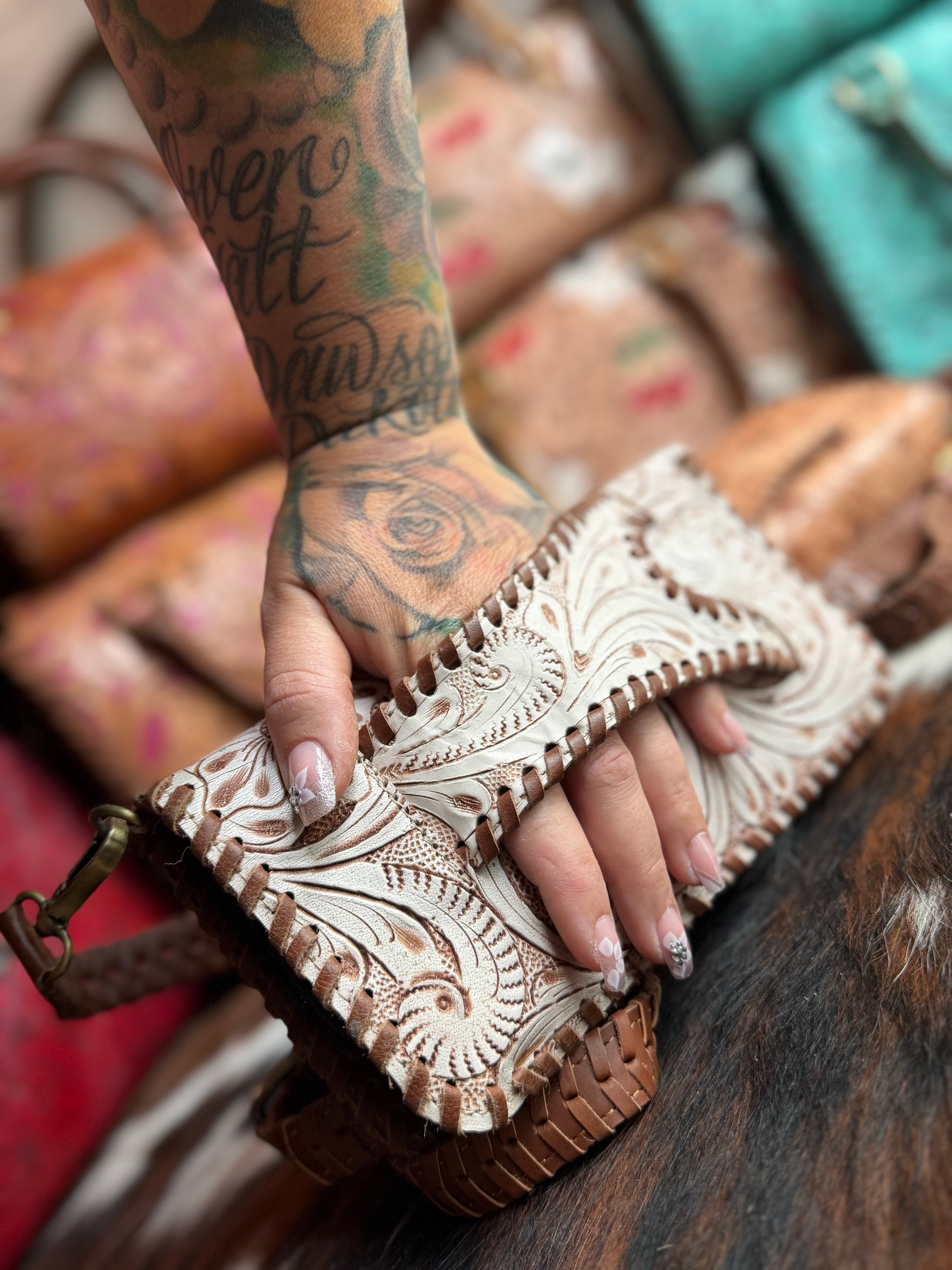 Double wallet Tooled leather clutch purse