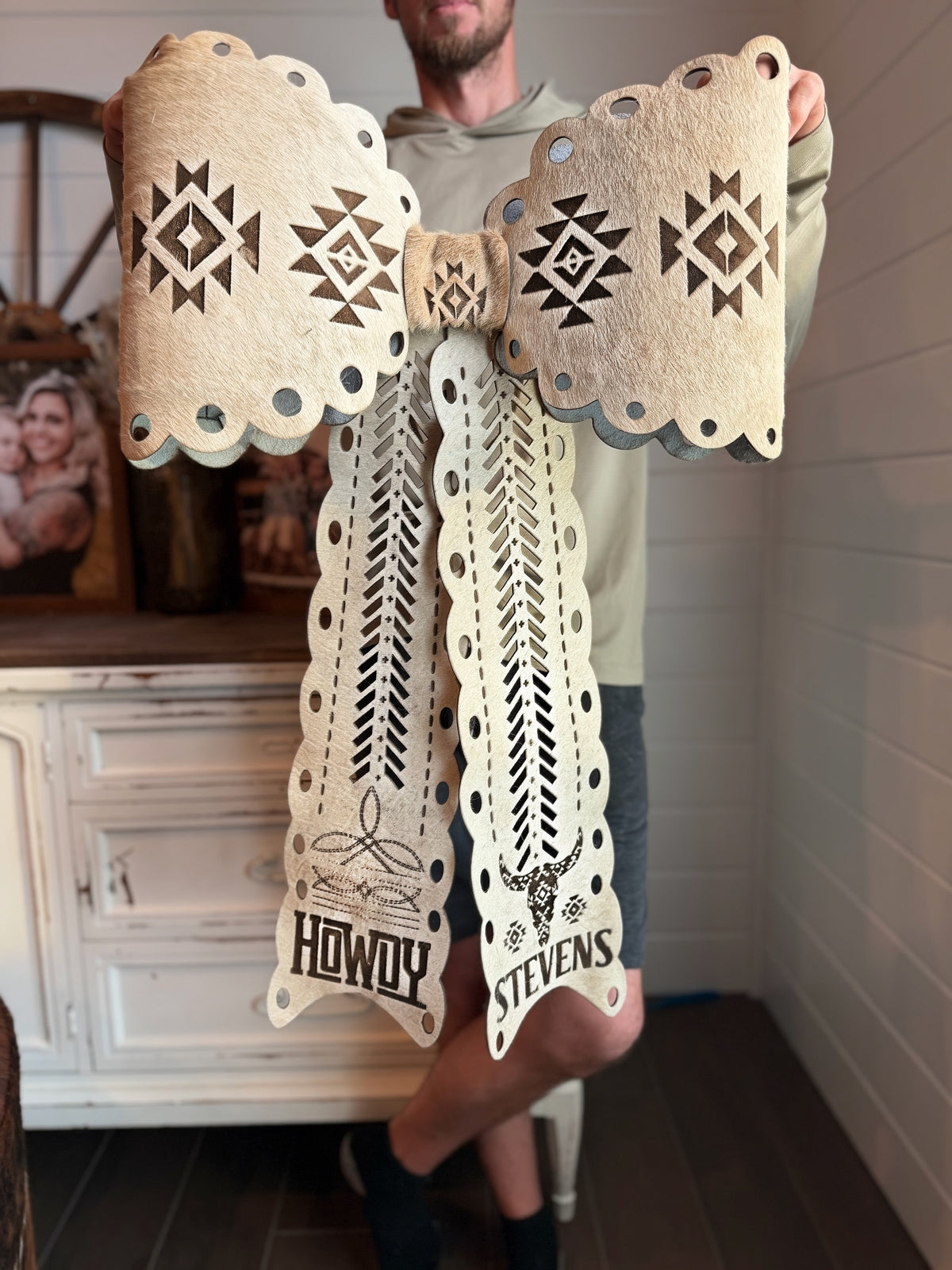 GIGANTIC 32" - AZTEC EDITION  cowhide bow for tree - lace look (read description fully)