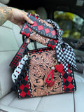 “Harlequin Heiress” red/black check and tooled leather speedy (L) by the Painted Porches