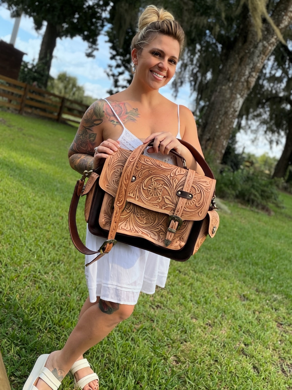 Laptop or overnight tooled leather -  tan with dark BROWN leather
