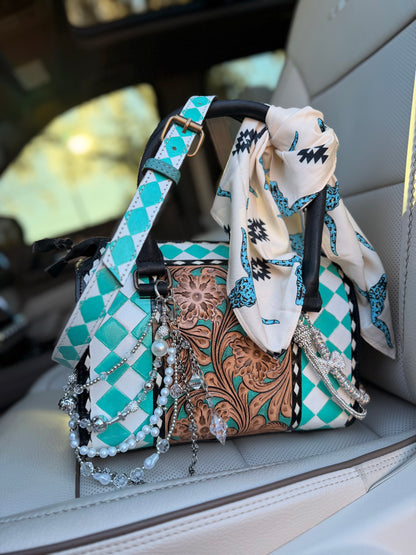 “Pearls at High Noon”- teal and white  tooled leather speedy (M)