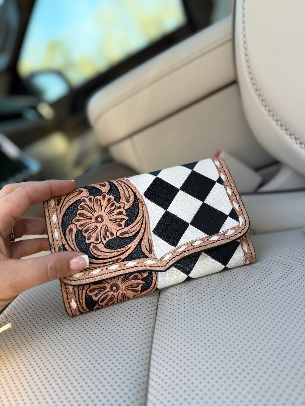 Tooled checker print leather checker wallet