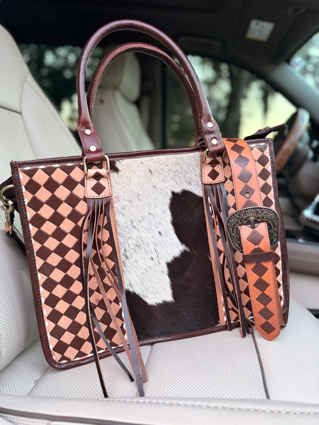 Cowhide and brown and tan checker Tooled leather tote bag with fringe-