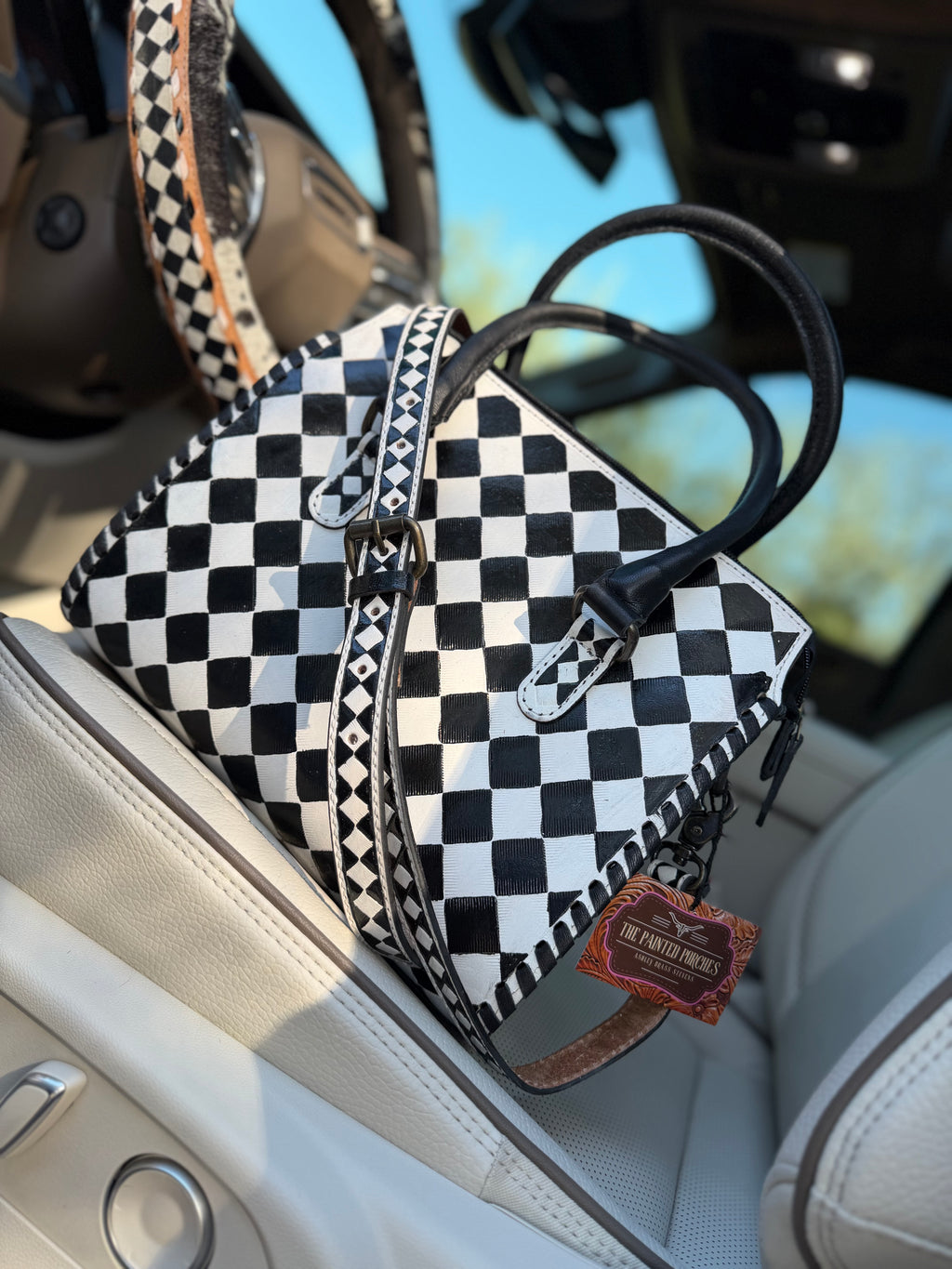 High-quality  checker, print, hand-painted tooled leather speedy (Medium)
