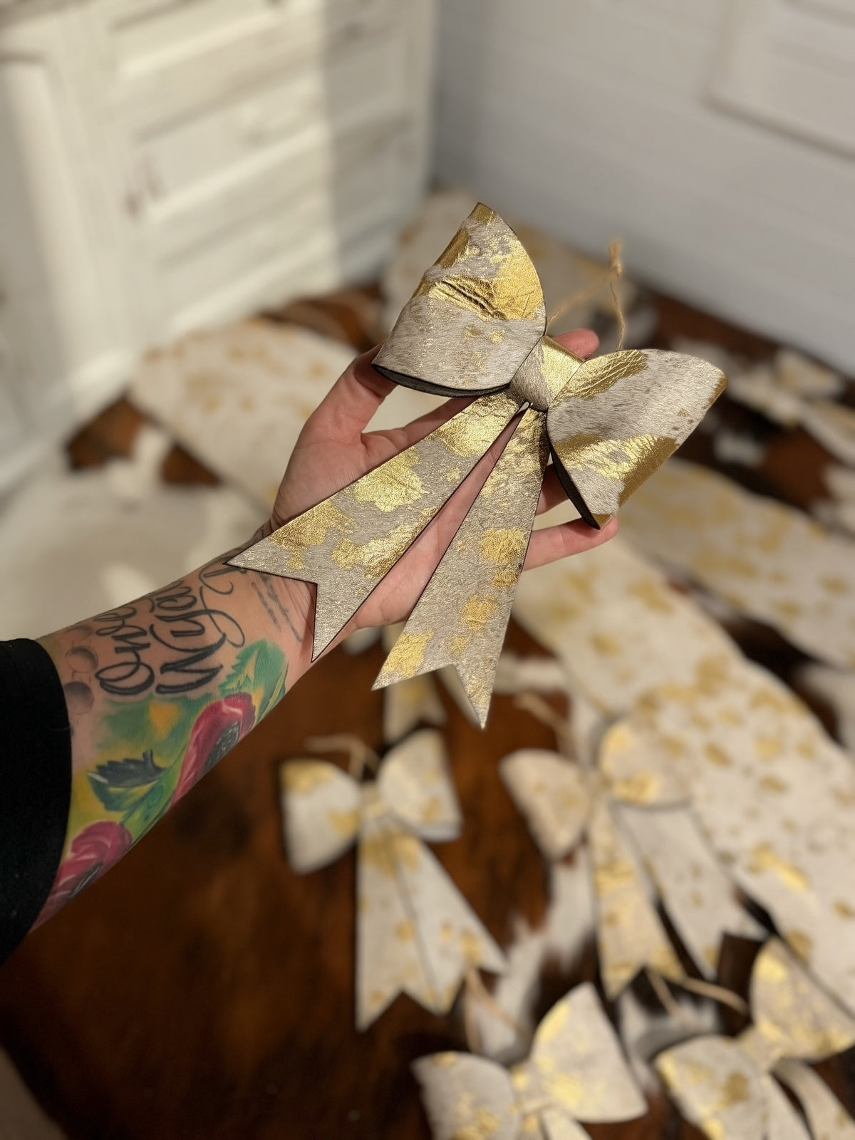 6 pack-Large cowhide bow - gold acid wash  ornaments