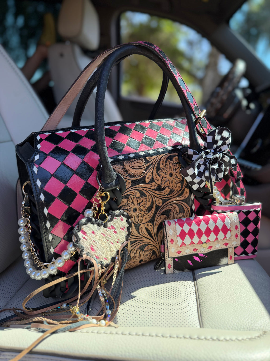 “Rodeo Runway” Pink/black checker and tooled leather speedy (Duffle)