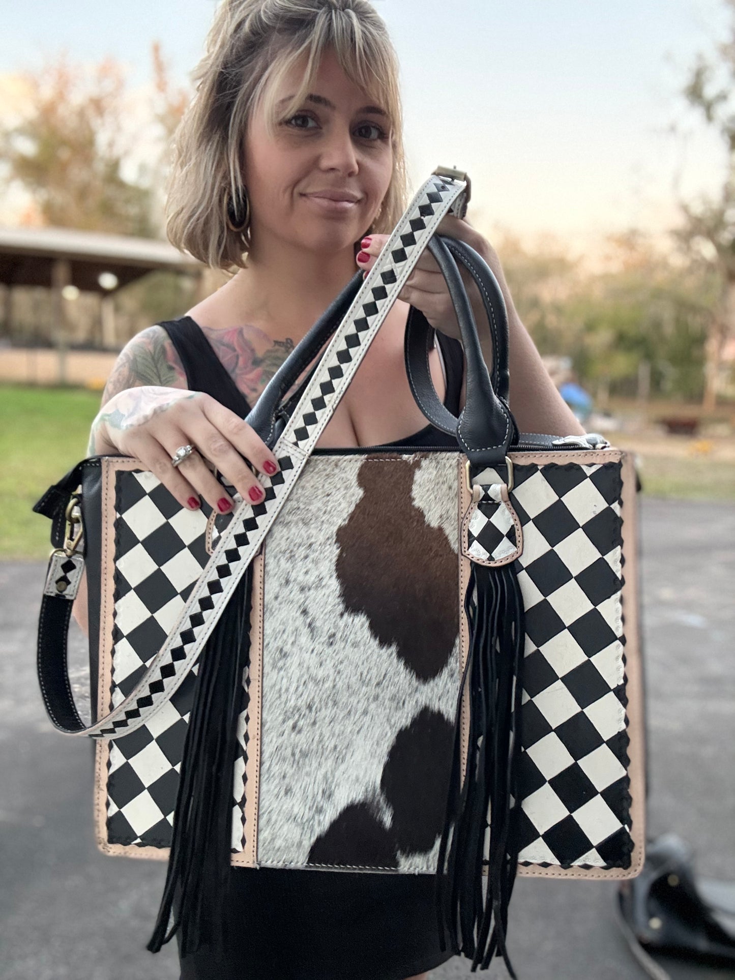 Checker print/ cowhide tote