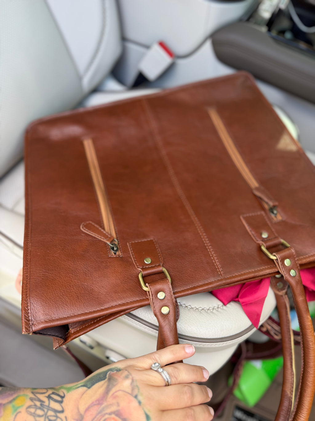 "Burgundy Beauty" Dressed cowhide and brown tooled leather tote bag/ wallet combo