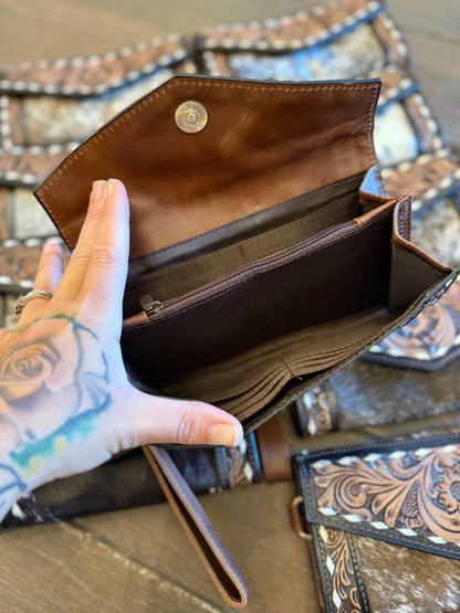 Cowhide tooled leather clutch wristlet