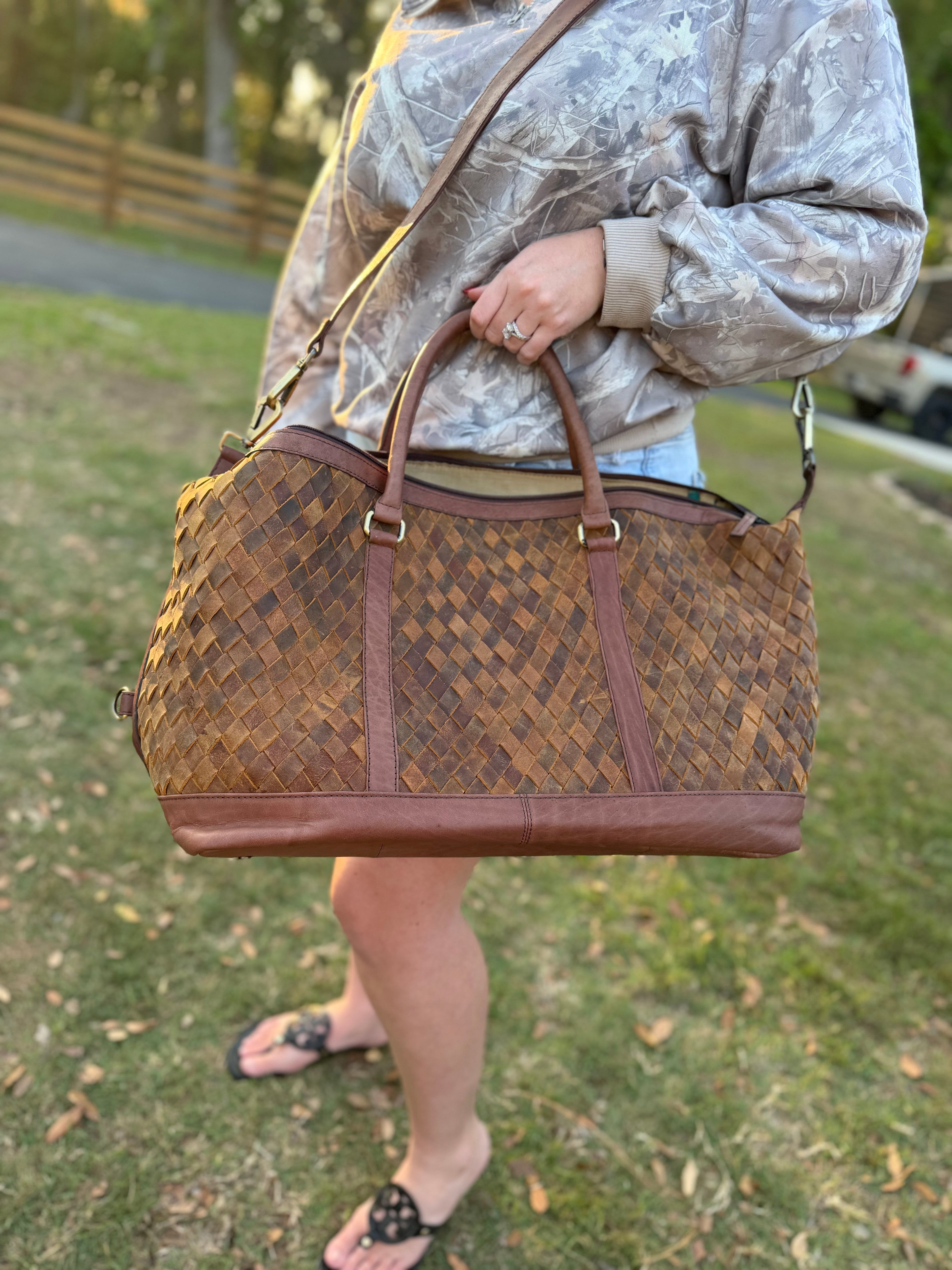 Brown leather woven duffle