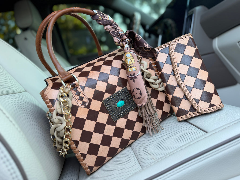 “Cowgirl Couture” peanut butter checker tooled leather speedy (L) by the Painted Porches