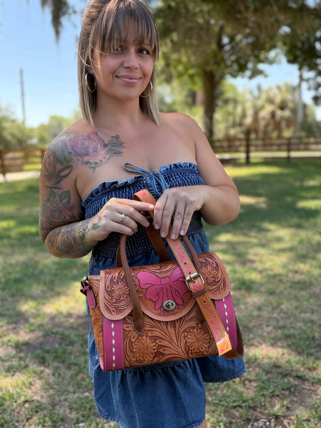 "SweetHeart" pink and tooled leather bow bag