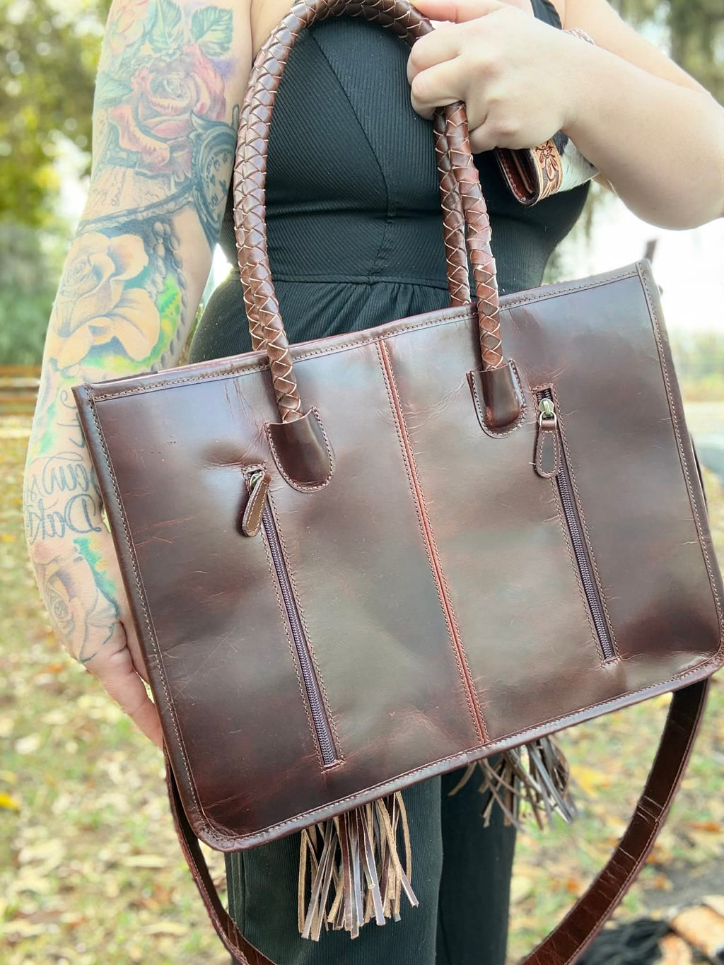 Cowhide / Brown and tan checkered tote