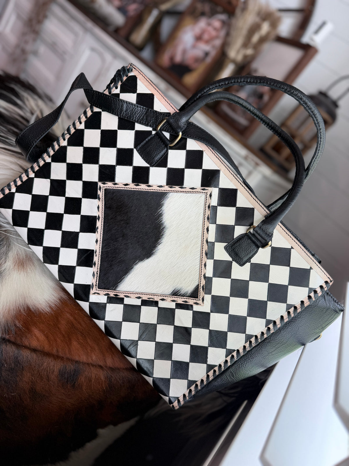 Cowhide and checker Tooled leather tote bag with fringe-