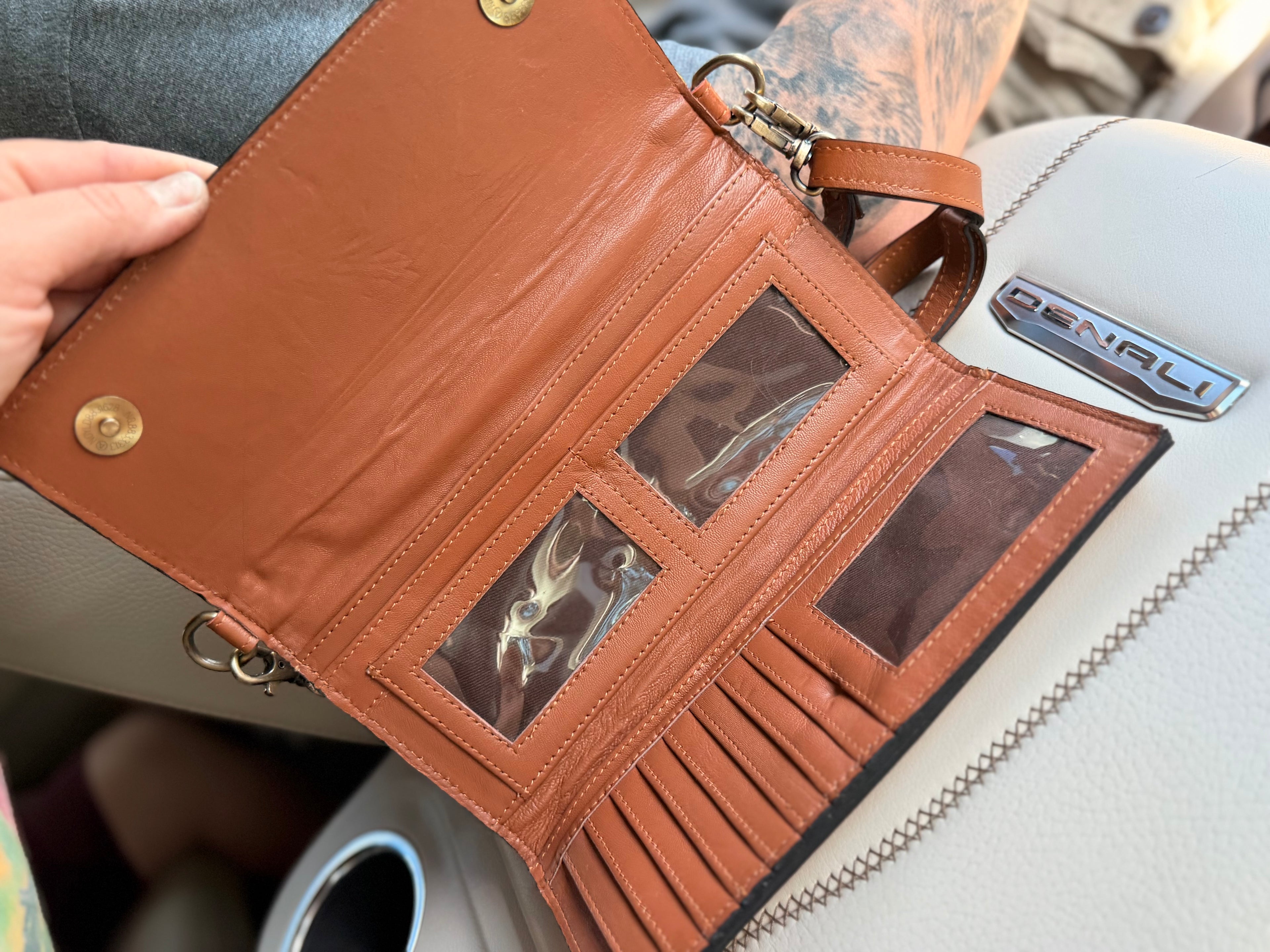 Tooled leather clutch crossbody