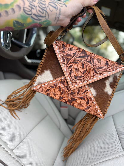 Tooled leather/ cowhide envelope purse