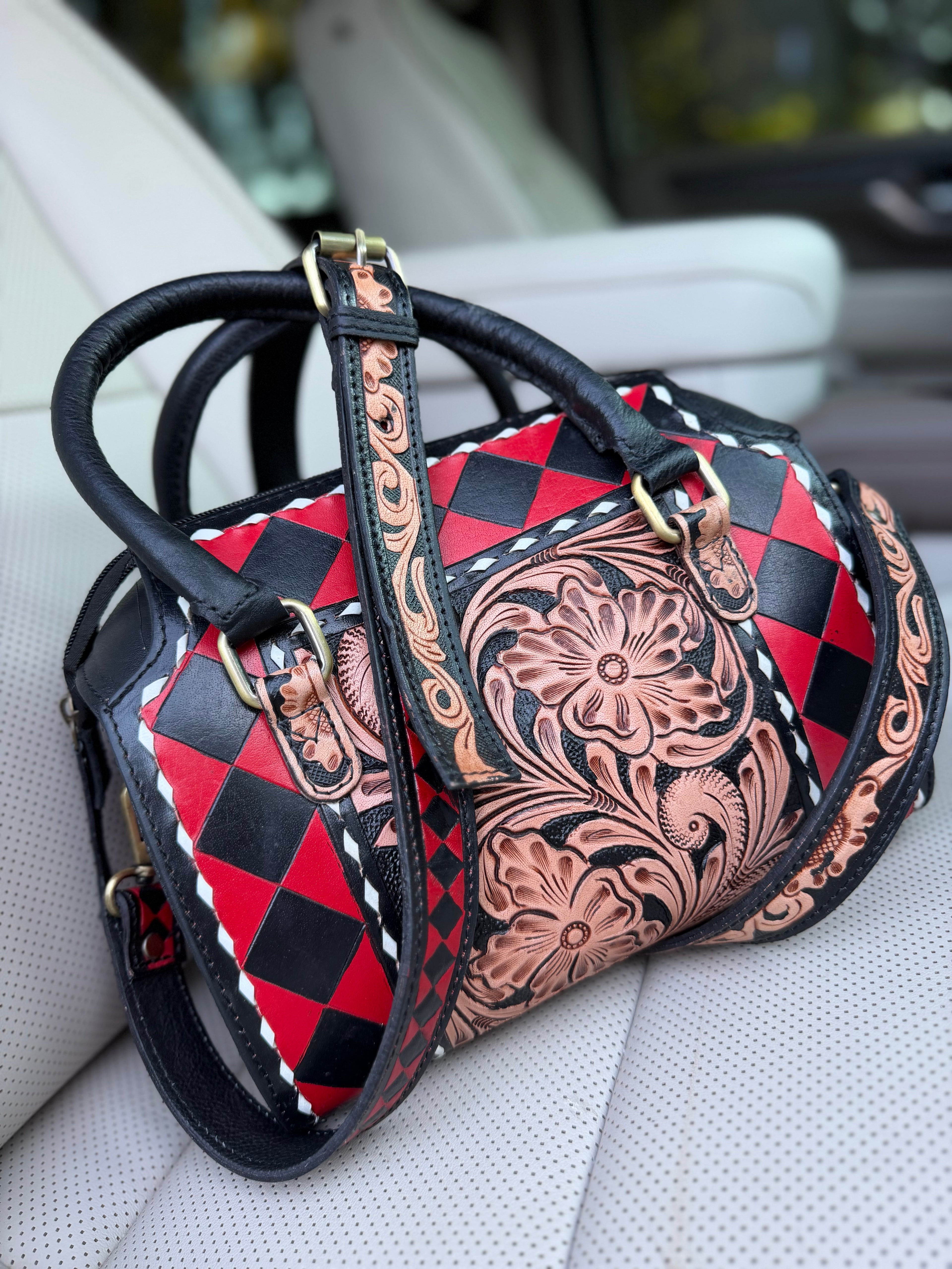 "Southern Glam" -  black/red checker and tooled leather speedy (M)