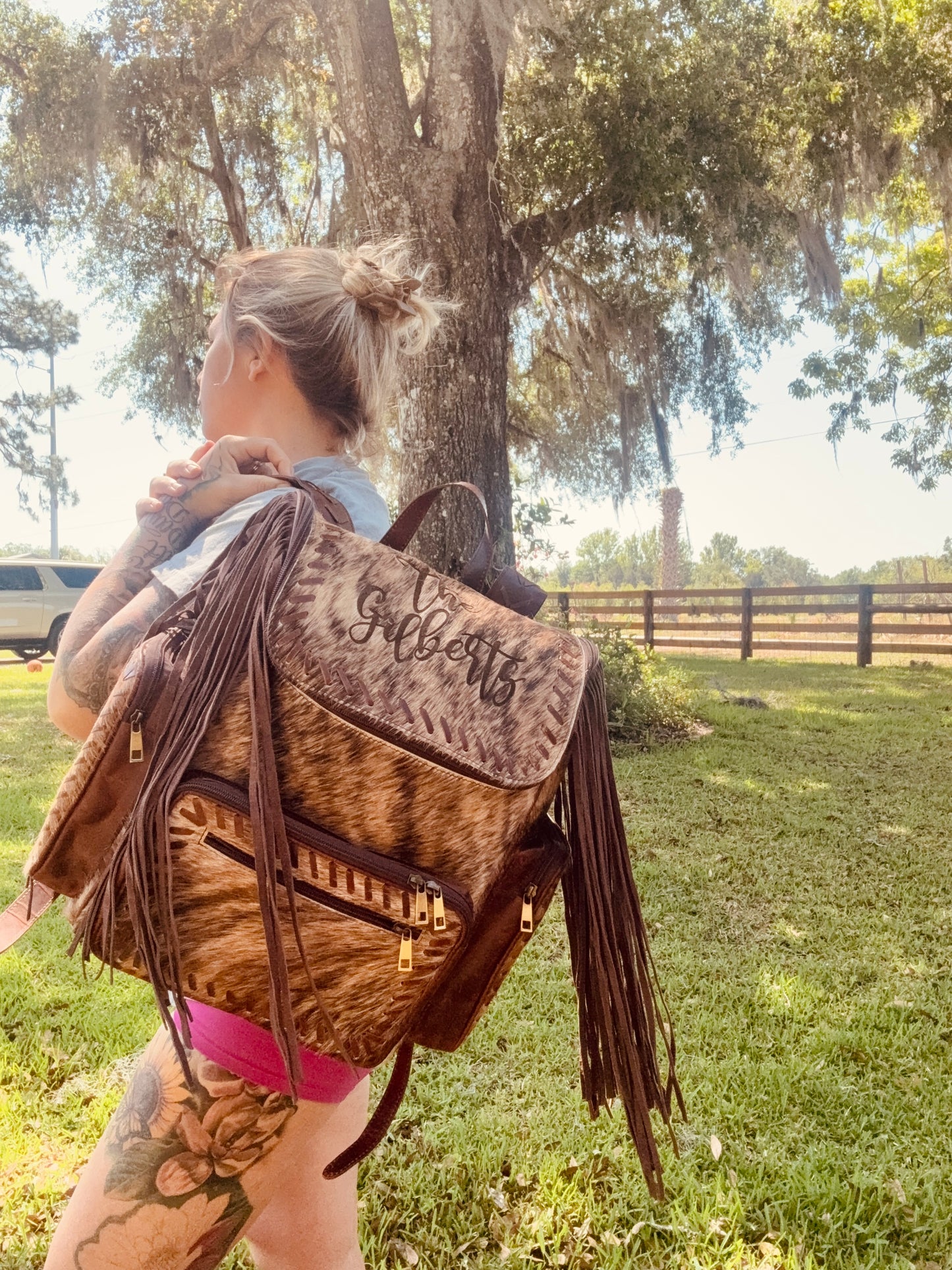 Engraved bookbag with fringe