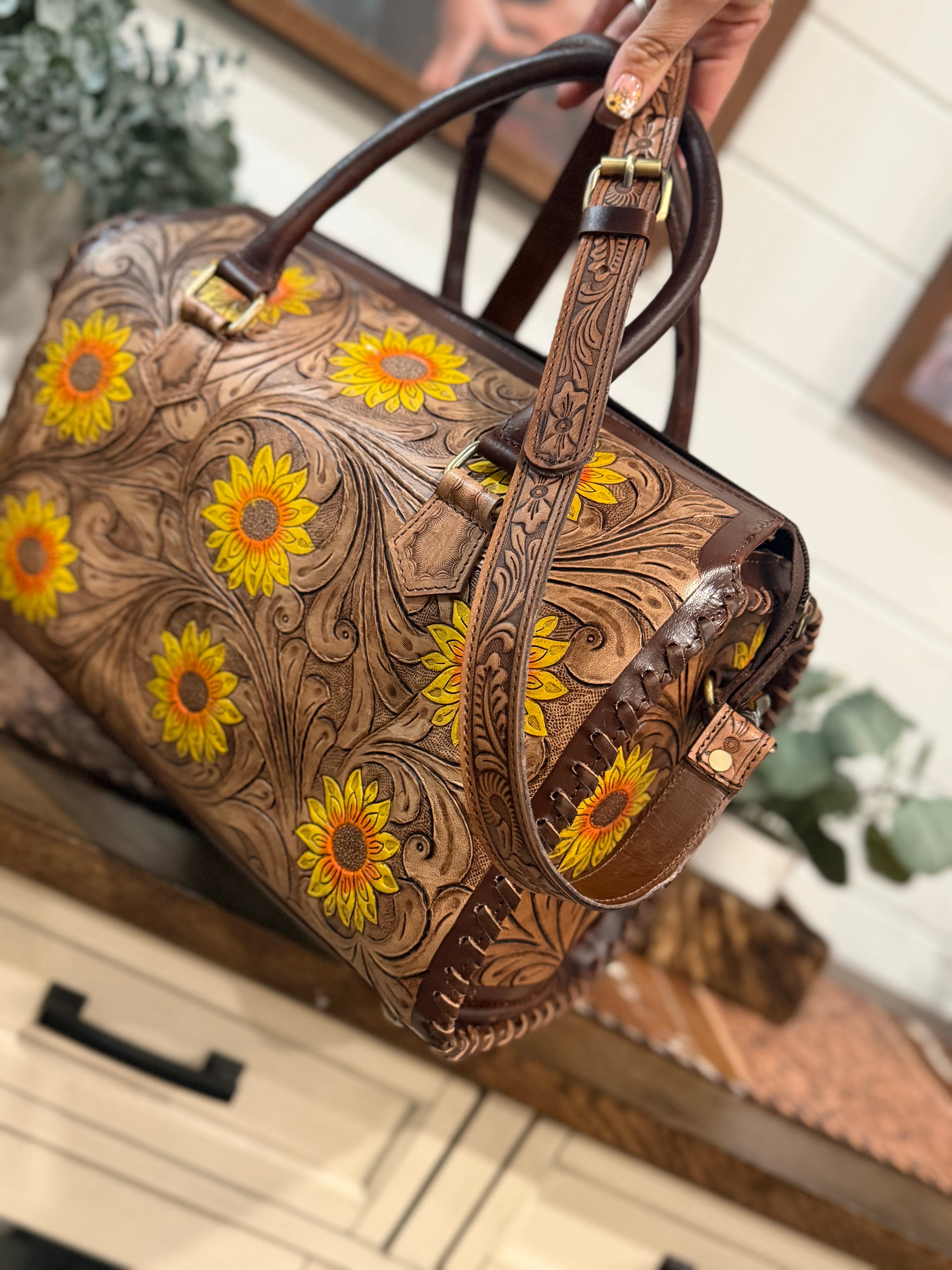 “The Sadie” sunflower tooled leather speedy duffle (L)