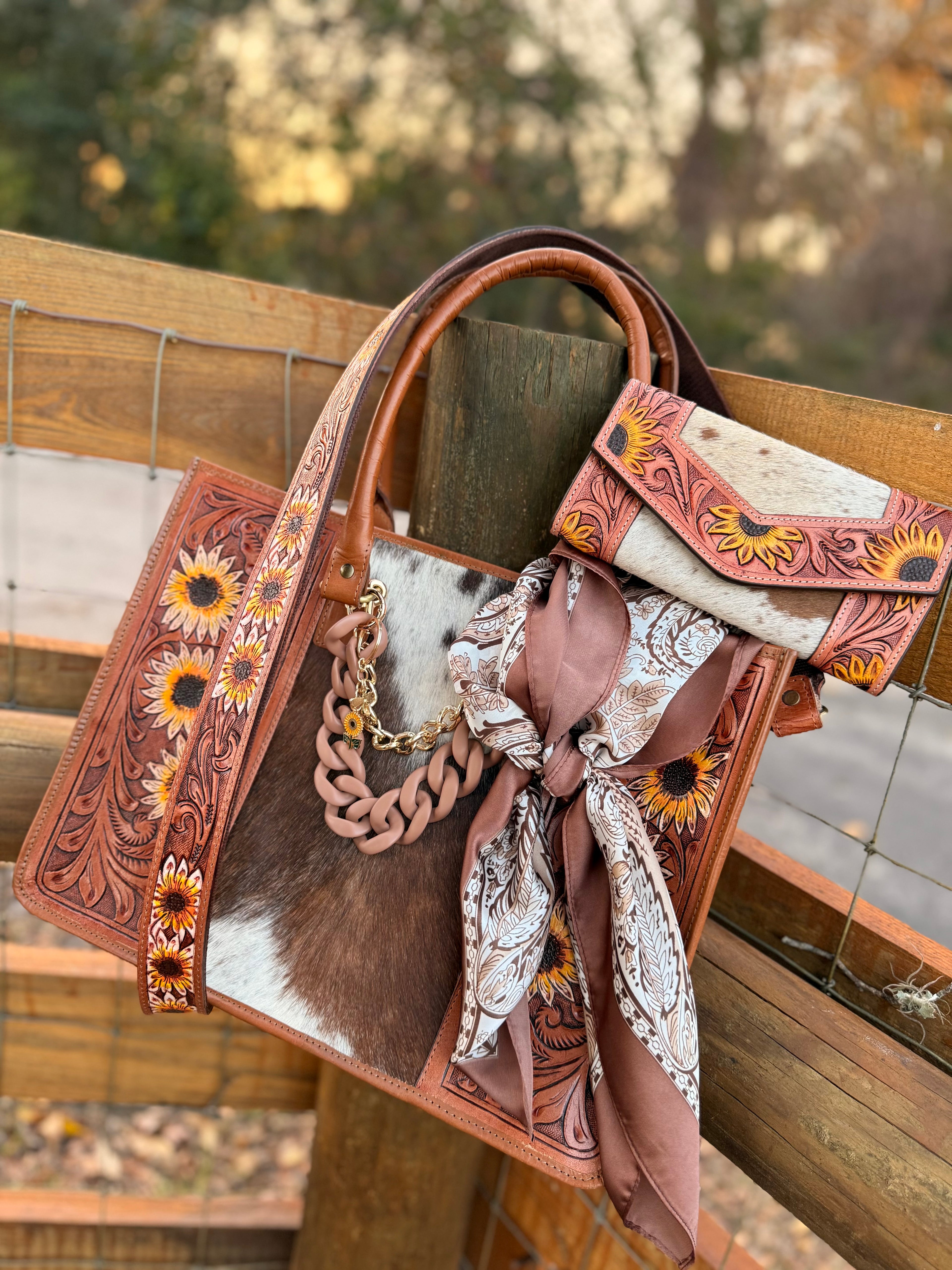"Wildflower Prairie" Dressed cowhide and brown sunflower tote bag/ wallet combo