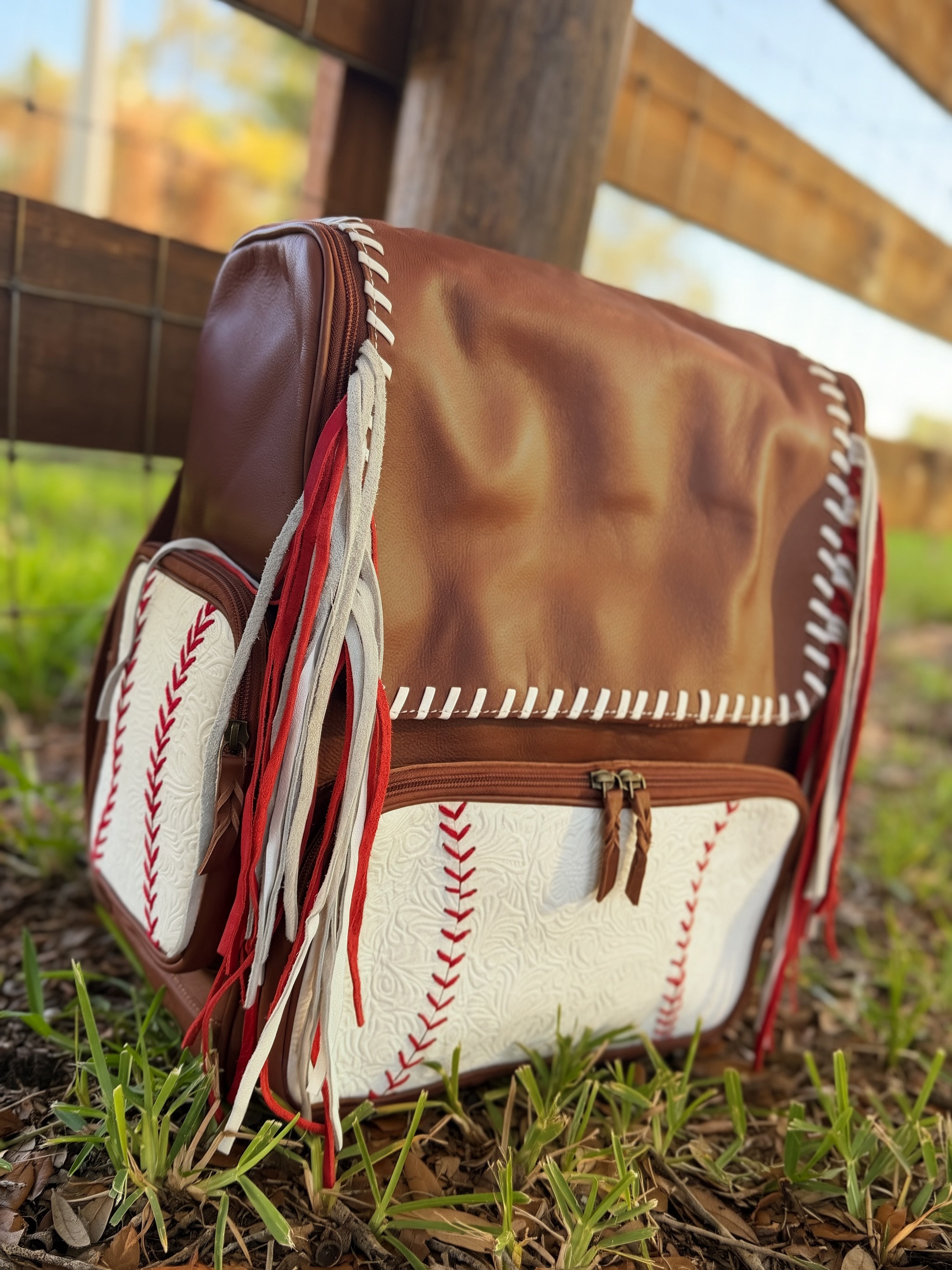 Baseball Leather fringe bookbag – Painted porch