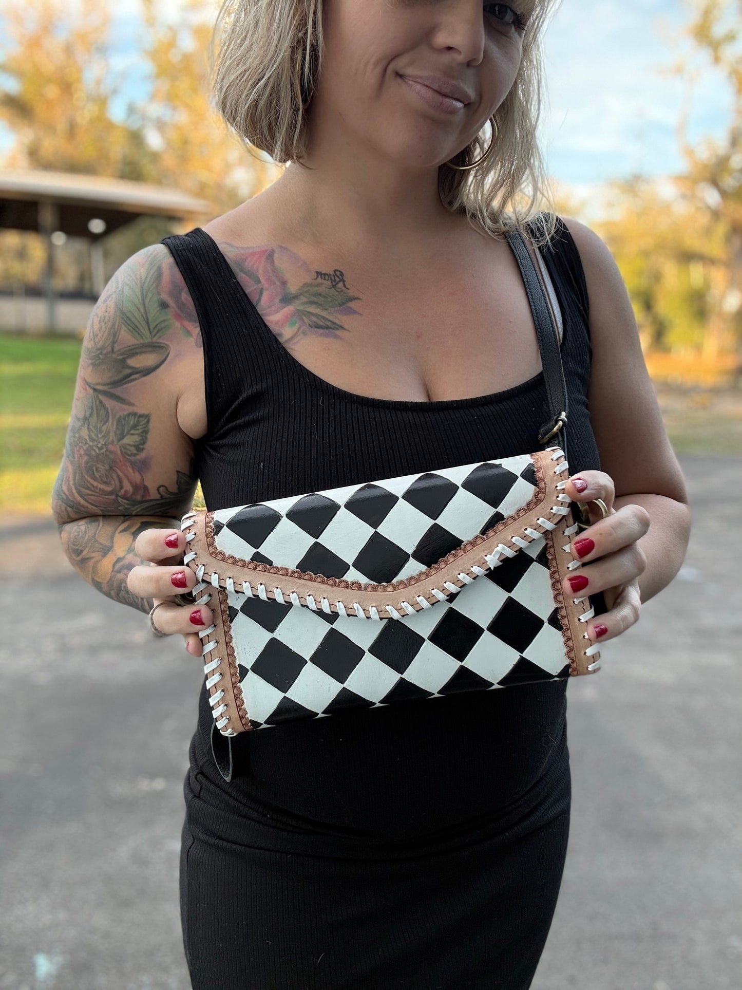 Checker print cross body